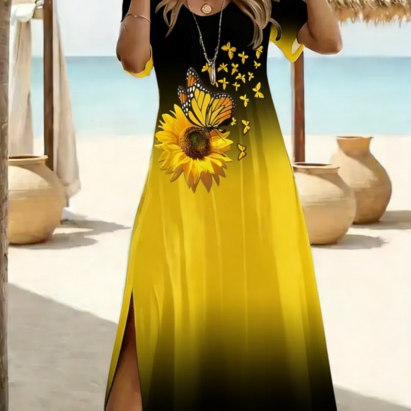Women' Sunflower & Print Midi Dress - Short Sleeve -line Dress With Black/yellow Gradient, Machine Washable Suitable For Casual To Semi-formal Wear, Loose -line Hem Dress For Parties Weddings Everyday