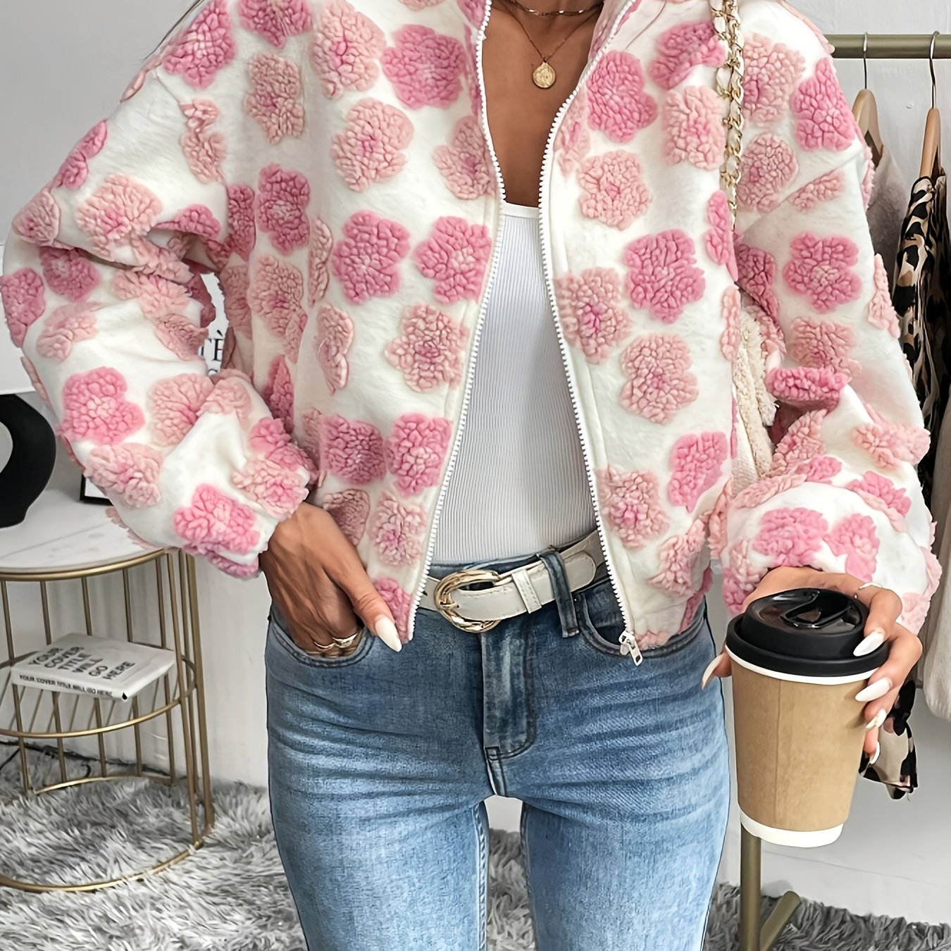 E-shop Elegante Damen Freizeitjacke mit Blumenmuster, Fleece, Reißverschluss vorne, hoher Kragen, , strukturierter Stoff, vielseitige, warme