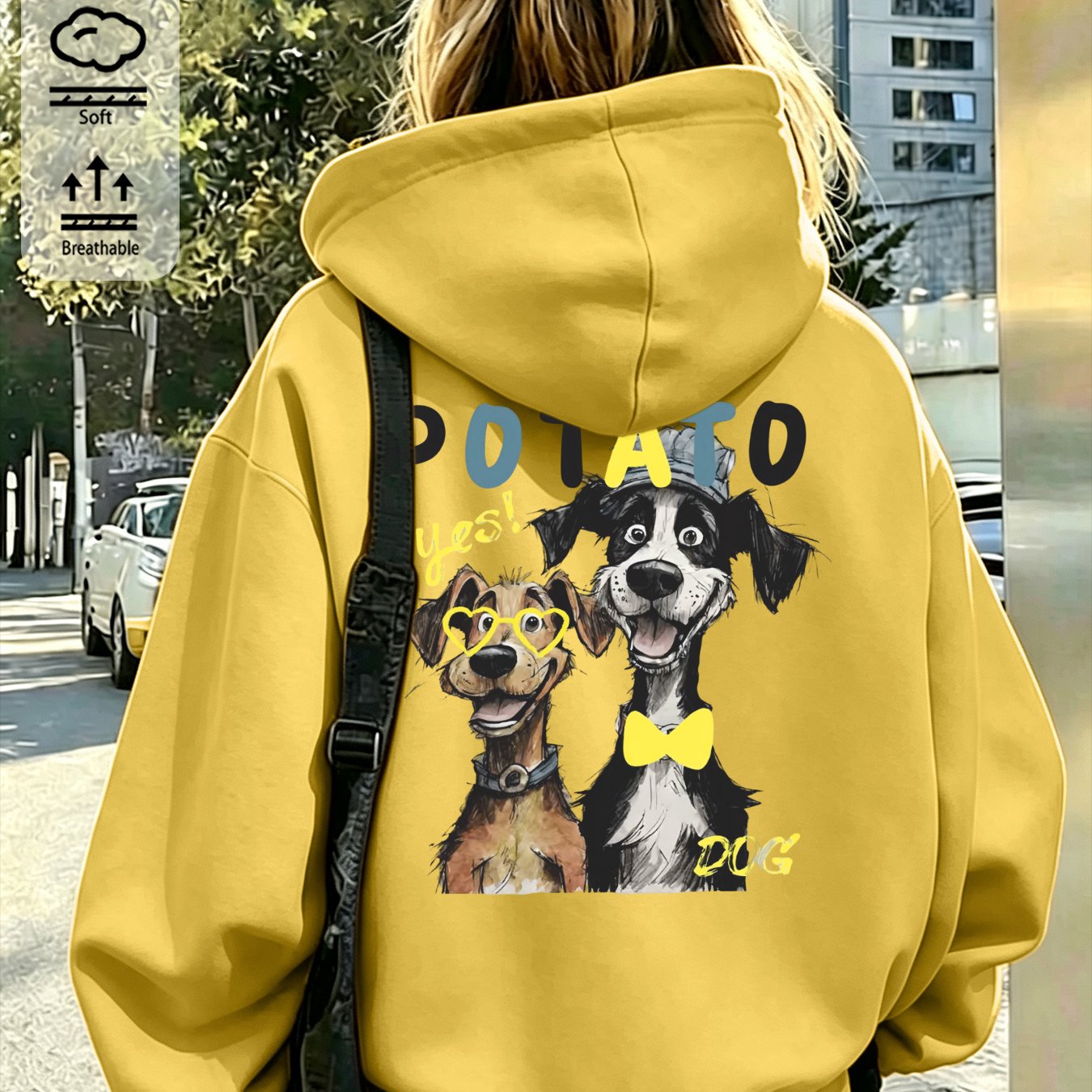 Image of Autumn Winter Women's Hoodie With Cartoon Dog Print & Colorful Letters Y2k Retro Street Style Casual Drawstring Pullover Jacket