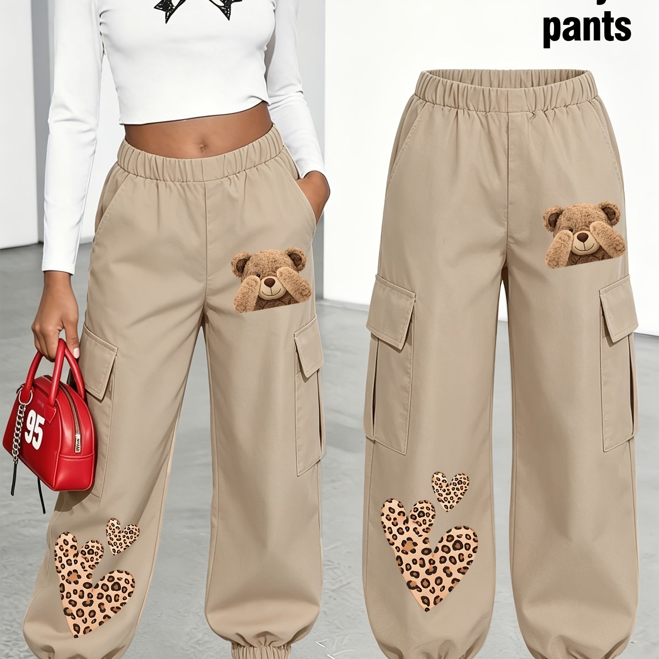 TEMU Collection - Pantalon Long Femme (Pièce Unique), Pantalon Cargo Imprimé Lettres et Amusant, Design Multi-Poches, Motif Cartoon, Style Cargo,