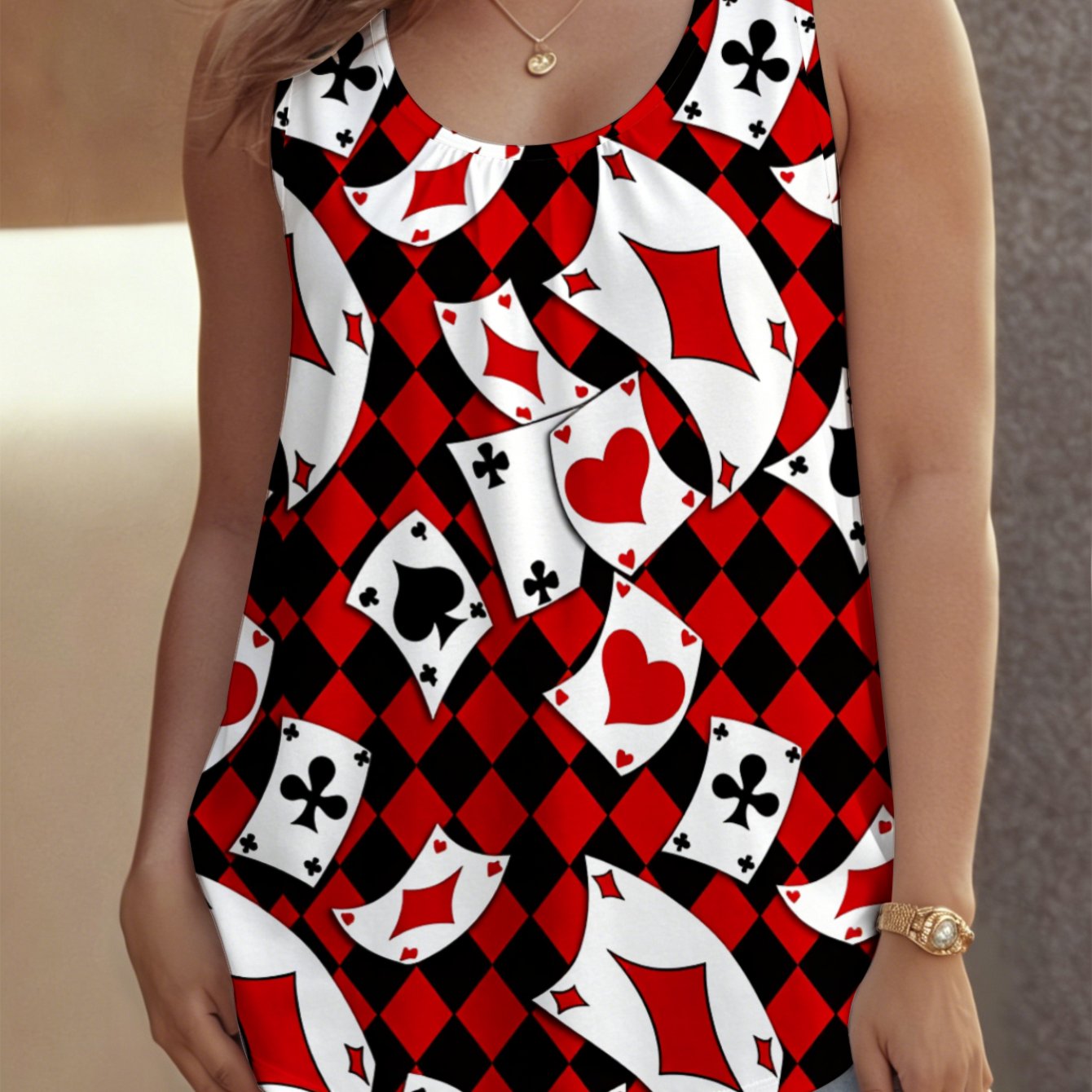 Image of Plus Size - Women's Plus Size Crew Neck Sleeveless Tank Top, Sizes 0xl-9xl Playing Card Pattern Summer Versatile Plus Size Suitable For , Beach And Travel, Stylish Sexy Outfits For Women