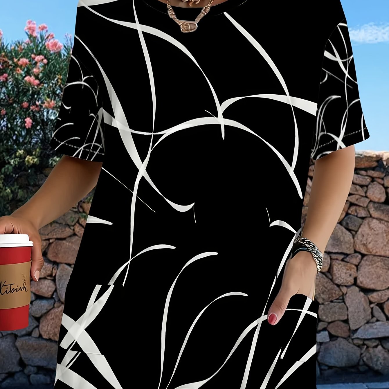 TEMU Women' Large Size Oversized Short Sleeve T-shirt With Abstract White Line - Full-body Print, Round Neck Breathable Summer Blouse Style Tee