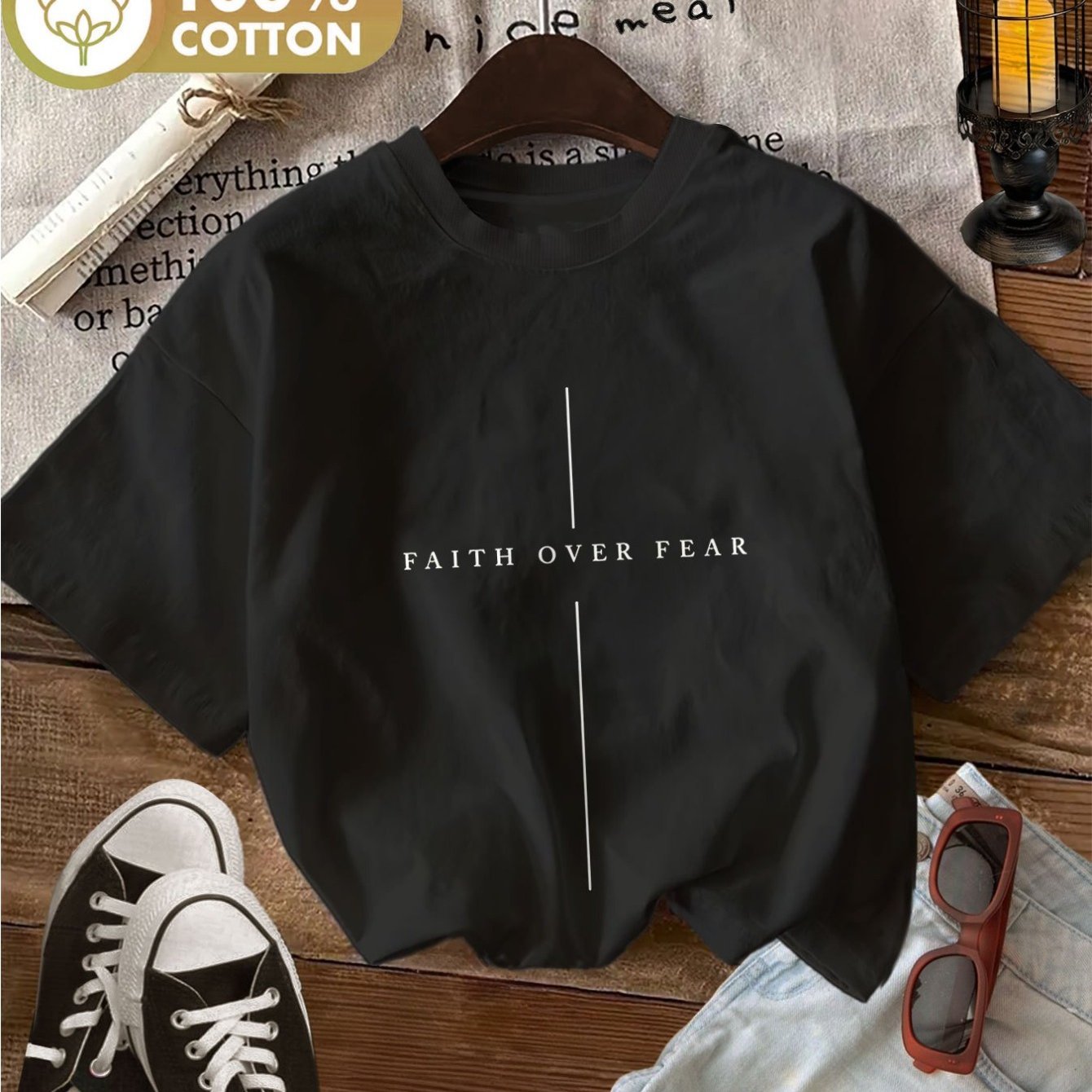 Image of Spring And Summer Casual Women's Tops Minimalist Vertical Line Faith Over Fear Print Round Neck Short-sleeved Daily 100% T-shirt Women