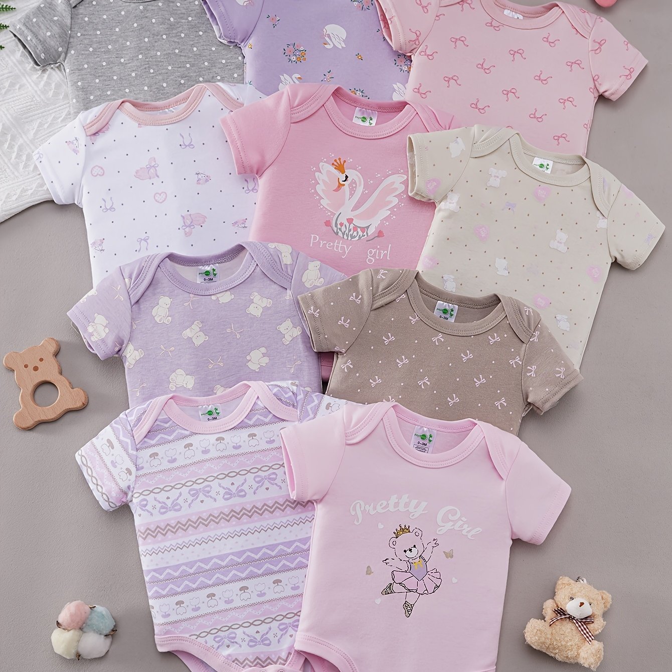 Image of [10pcs Set] Girls' Cute Cartoon Bear & Swan Print Comfortable Soft Short-sleeve Summer 10pcs Set Baby Bodysuits, Perfect For Outdoor