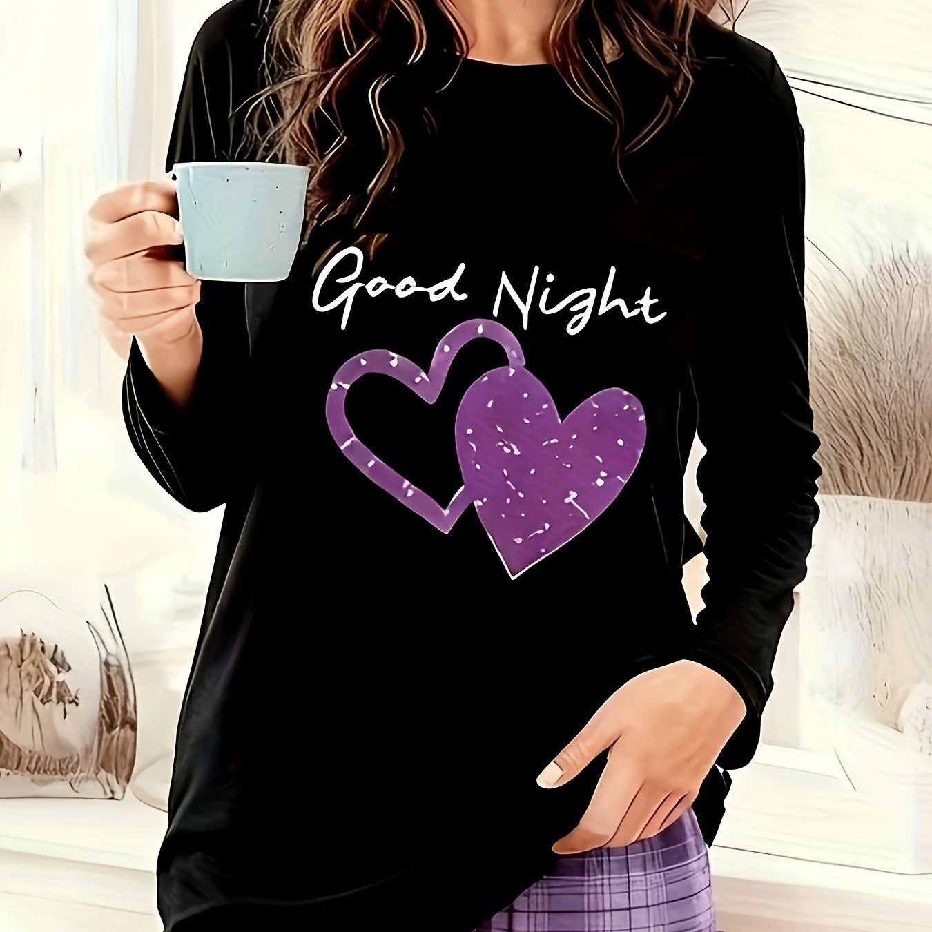 Heart And Letter Print Long Sleeve T-shirt, Casual Long Sleeve Round Neck Top, Women's