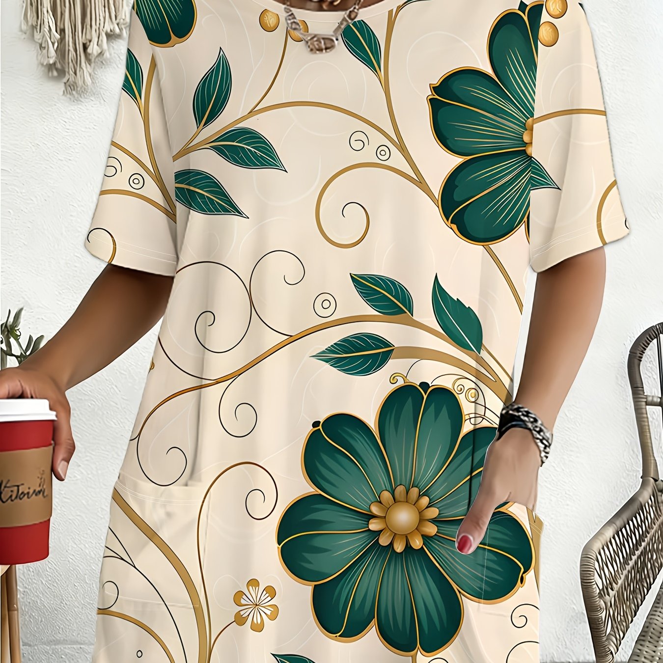 TEMU Vintage Floral Loose Fit Short Sleeve Top, Women's Casual Versatile Round Neck T-shirt, Summer Comfortable Plus Size Women's Clothing