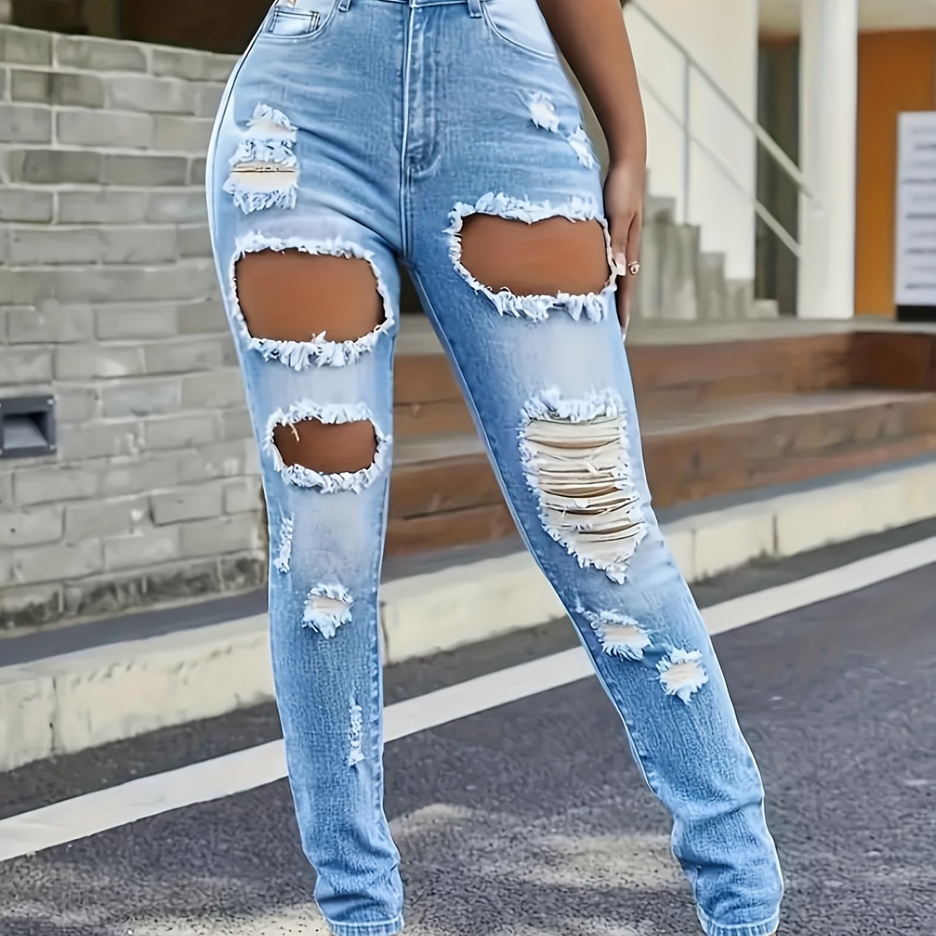 Blue Ripped Holes Skinny Jeans Slim Fit Distressed Slight - Temu Germany