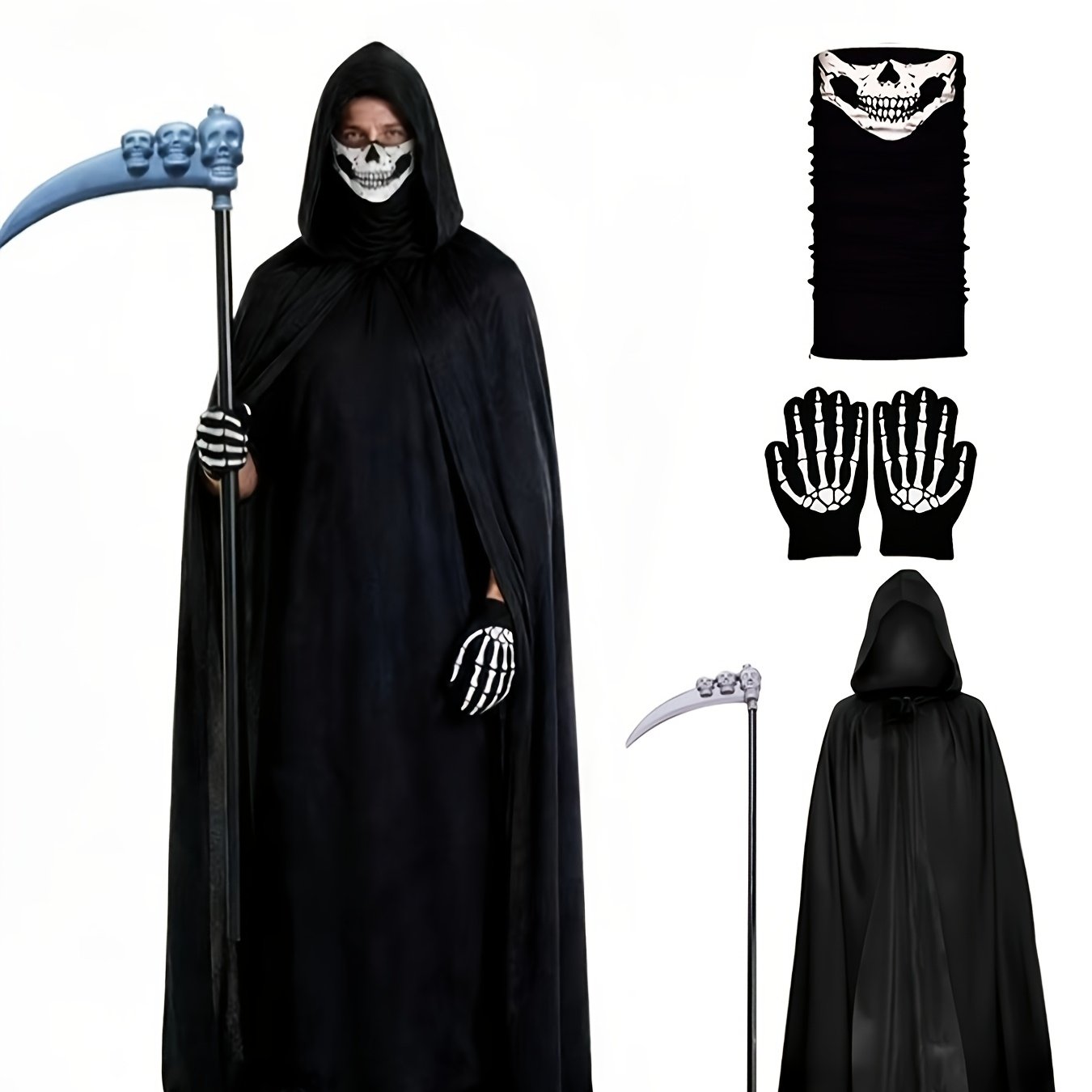 TEMU Set da 4 pezzi per costume da Tristo Mietitore per festa di Halloween: mantello , maschera a , guanti con che si illuminano al buio e set