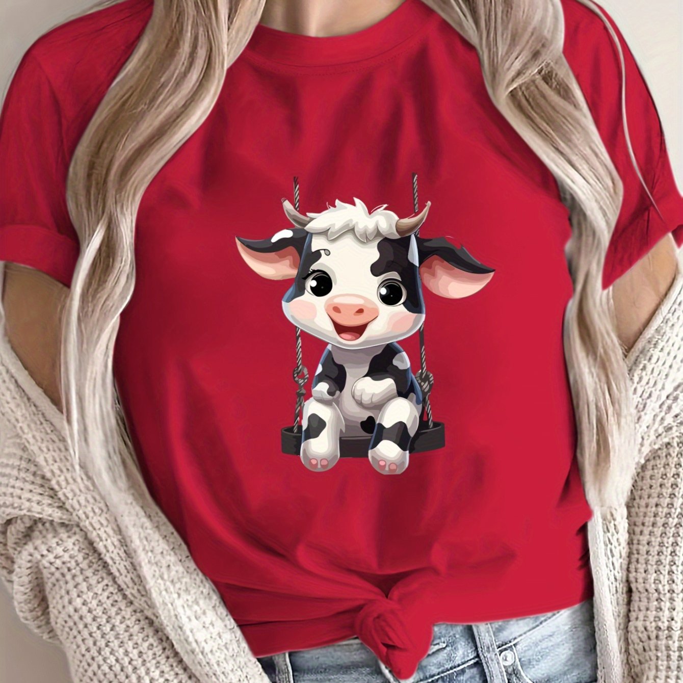 TEMU Plus Size, Plus Size Women's Casual Short Sleeve T-shirt - Cute Cartoon Cow Swing Graphic Print, Soft Breathable Fabric, Round Neck, Machine