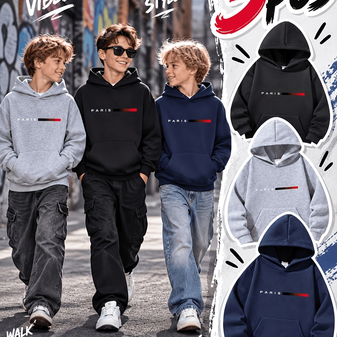 Image of ' Hooded Sweatshirts Featuring 'paris' And Stripe Prints, Long-sleeved Knitted Casual Hoodies For Autumn And Winter, With Kangaroo Pockets