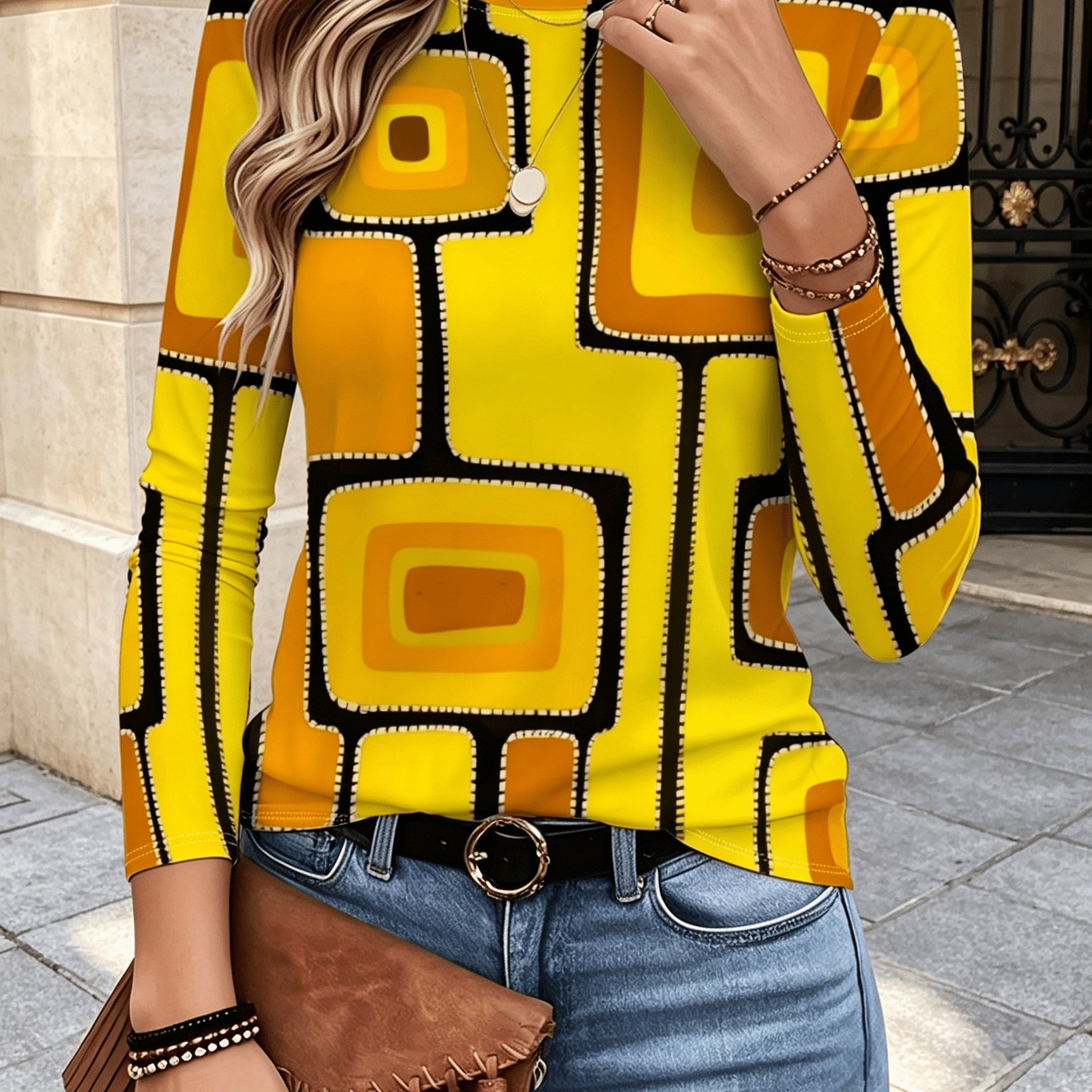 TEMU Vintage Color Block Geometric Block Print Print Crew Neck Long Sleeve, Spring/autumn, Women's Clothing-085