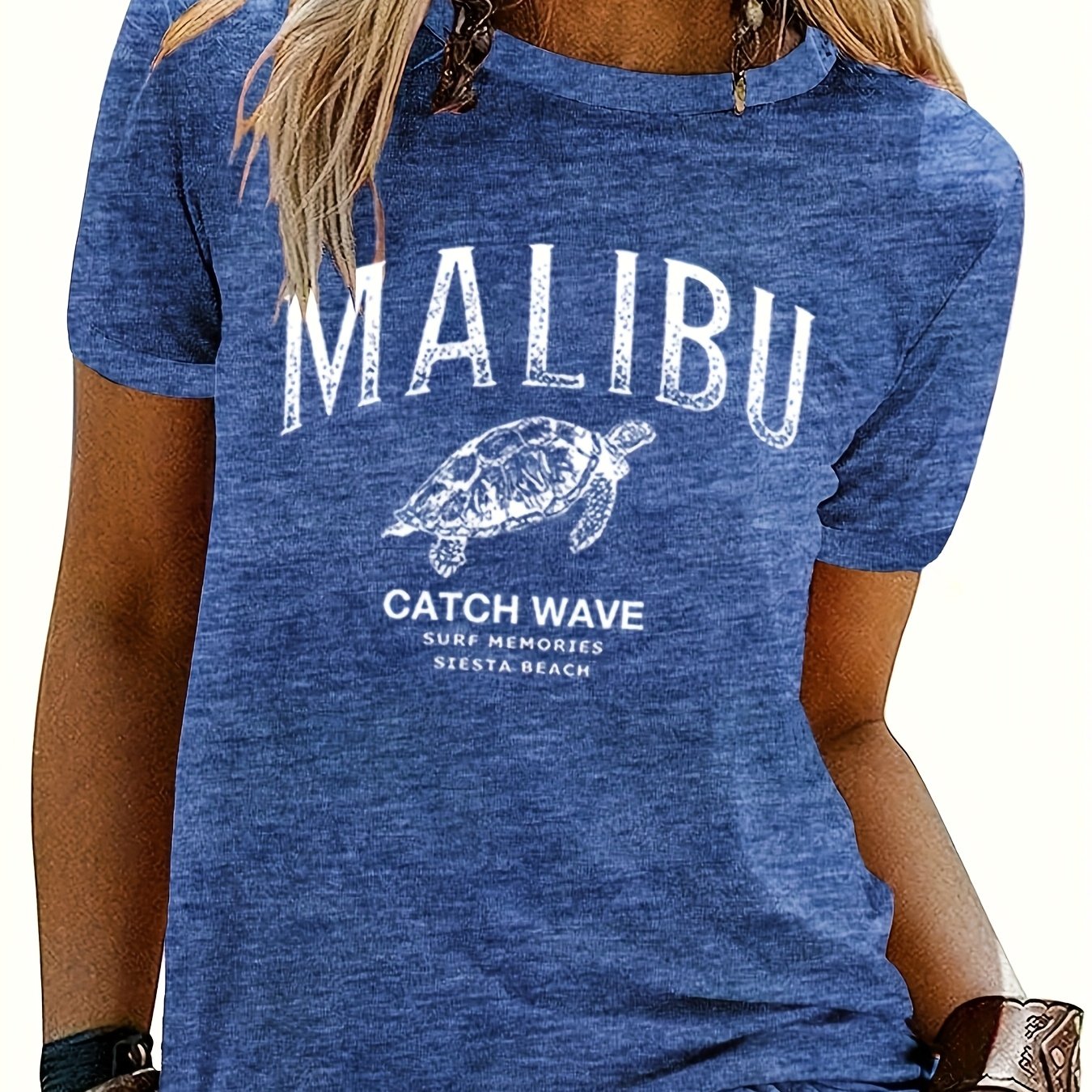 Malibu Catch Memories Beach Turtle Print Women's Round Neck Short Sleeve -friendly T-shirt, Spring/summer Casual Printed Short Sleeve Women's Top, Ideal For Gifting