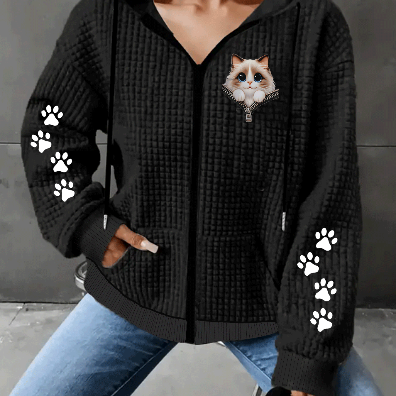 TEMU Women's Plus Size Waffle-kick Hooded Jacket - - Casual Outerwear With Hood, Waffle-kick Jacket Suitable For Wear, Machine Washable Cozy Blazer