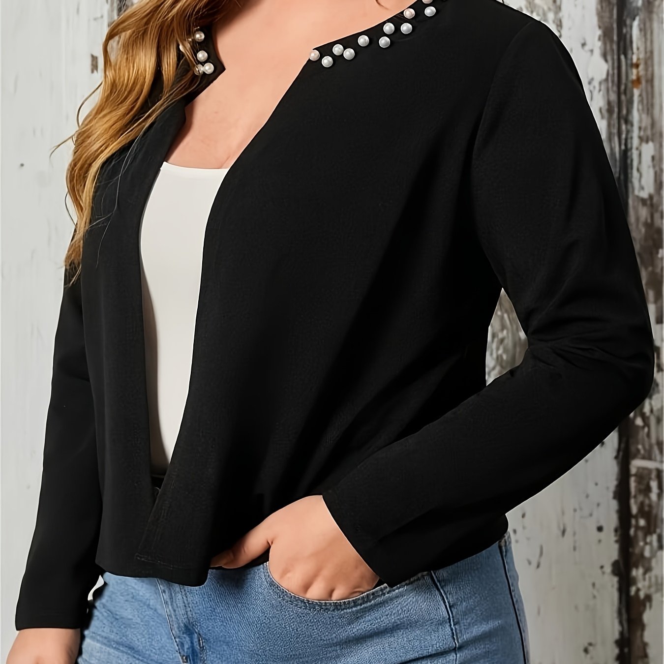 TEMU Plus Size, Women's Plus Size Pearl-embellished Cardigan Jacket - Round Neck Long Sleeve Open Front Spring/fall Jacket, Machine Washable Elegant