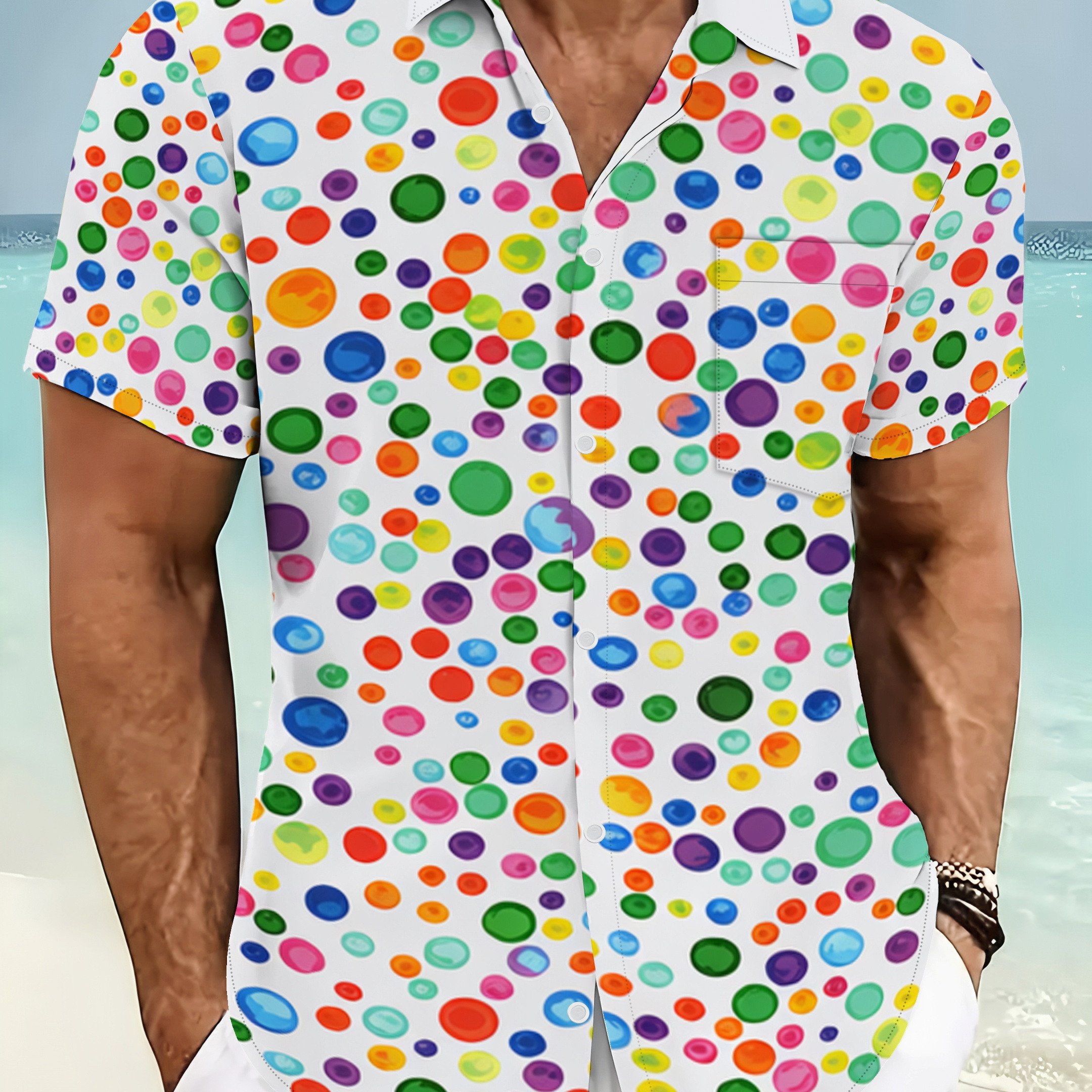 TEMU A New Summer Men's Fashion Casual Short-sleeve Shirt With Trendy And Unique Colorful Polka Dot Print. Loose-fitting Vacation Beach Shirt Young