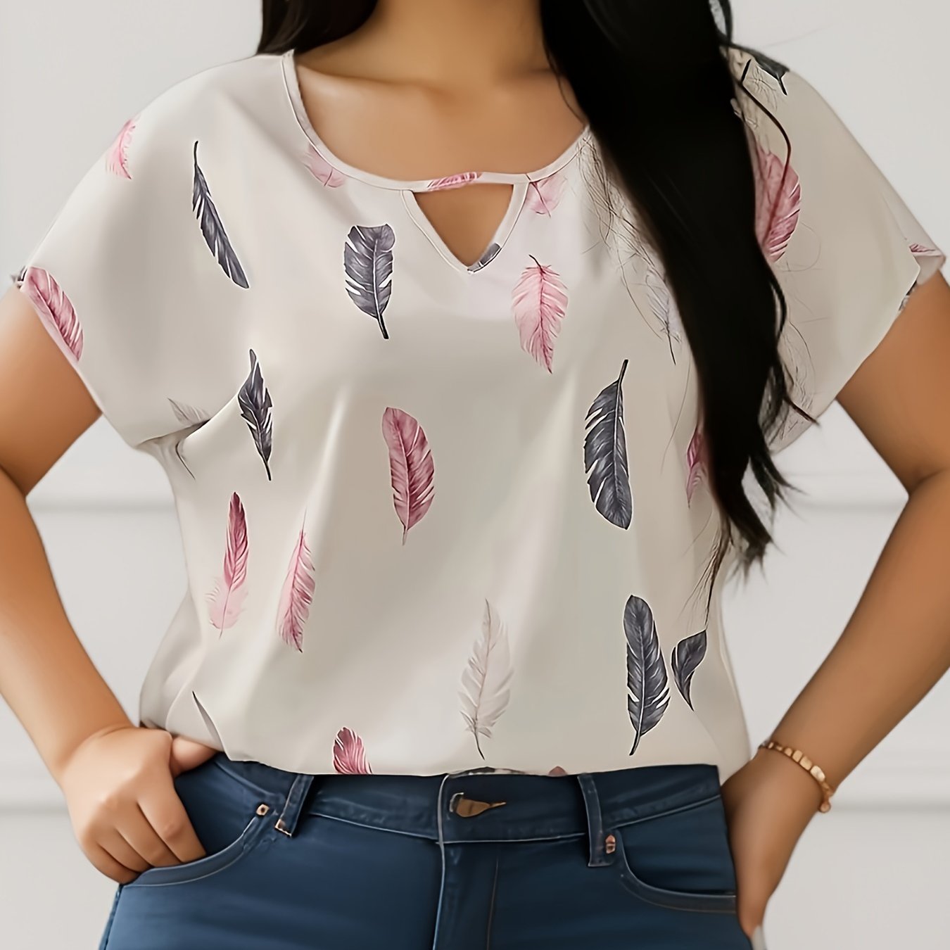 TEMU Plus Size Feather Print Top, Casual Cut Out Short Sleeve Top For Summer, Women's Plus Size clothing