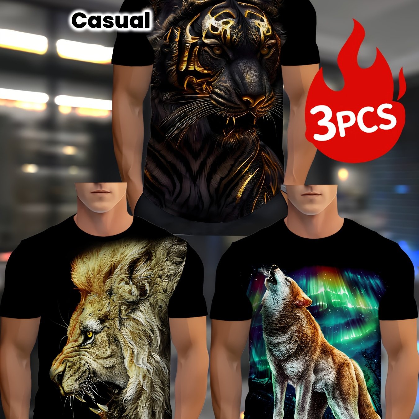 TEMU 3pcss Set - Design - Untextured And [scf ] Men's Casual T-shirt 3pcss Set, Featuring Black And , Lion, And Wolf Patterns | Round Neck, Stretch