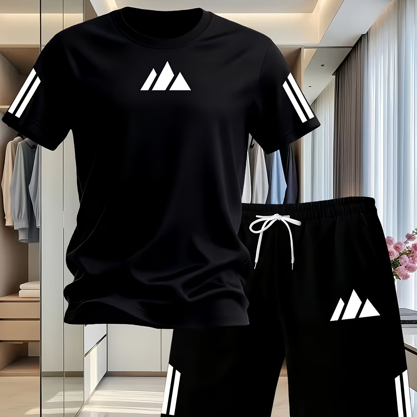 TEMU Ensemble de sport décontracté pour homme 2 pièces : T-shirt à manches courtes et short à cordon de serrage avec impression 2D tendance. Ensemble