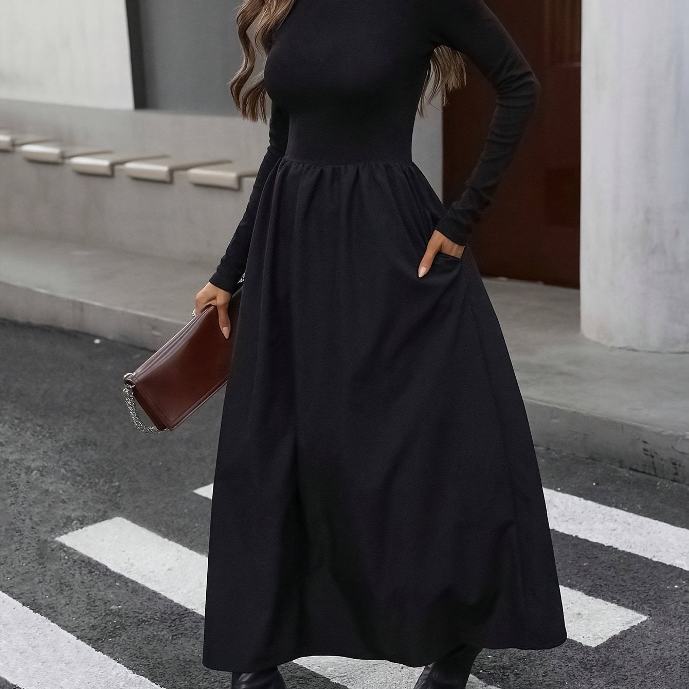 TEMU Women's Waist And Design Round Neck Long Sleeve Elegant Easy Style Dress