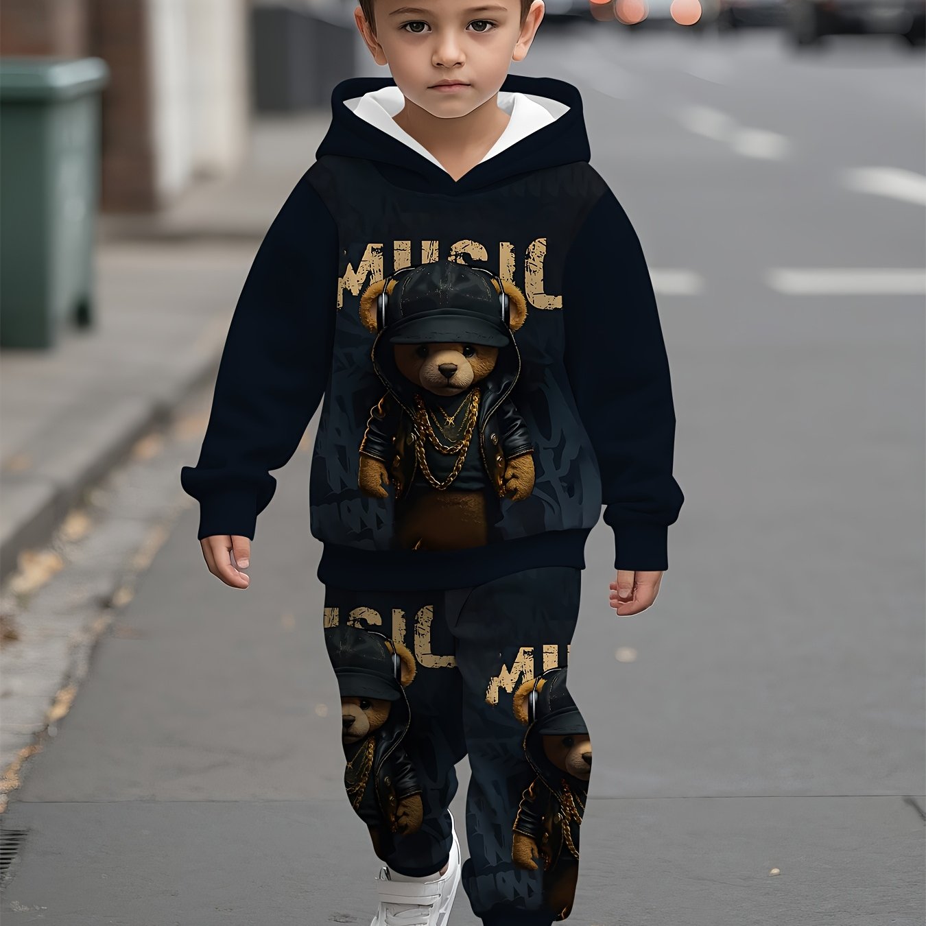 Image of Baby Boy Clothes Halloweenthis Baby Boy Hooded Sweatshirt Set Features A Stylish Hooded Bear Print, Providing A Comfortable And Relaxing Experience For Spring And Autumn , Perfect For Outdoor