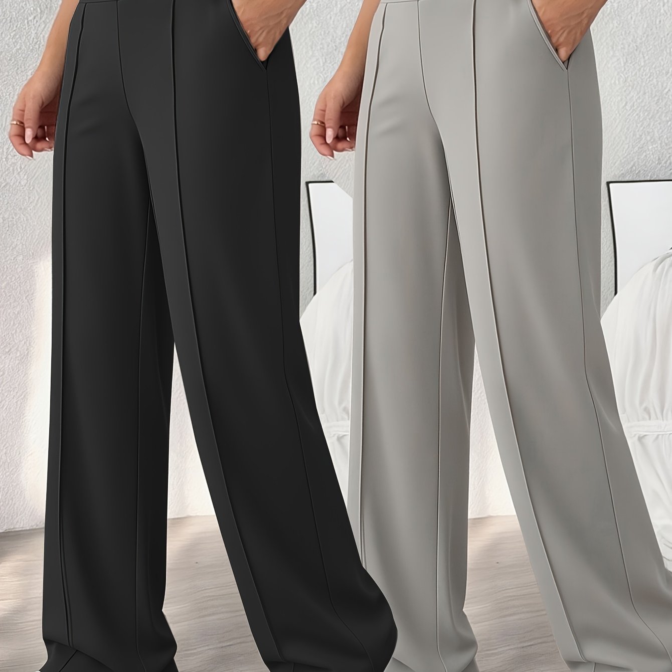 TEMU 2pcs Set - Women's Stretch High-waist Straight Leg Pants (2-pocket) Flowy Comfortable Wide-leg Trousers For Running, Outdoor, Fitness, Casual,