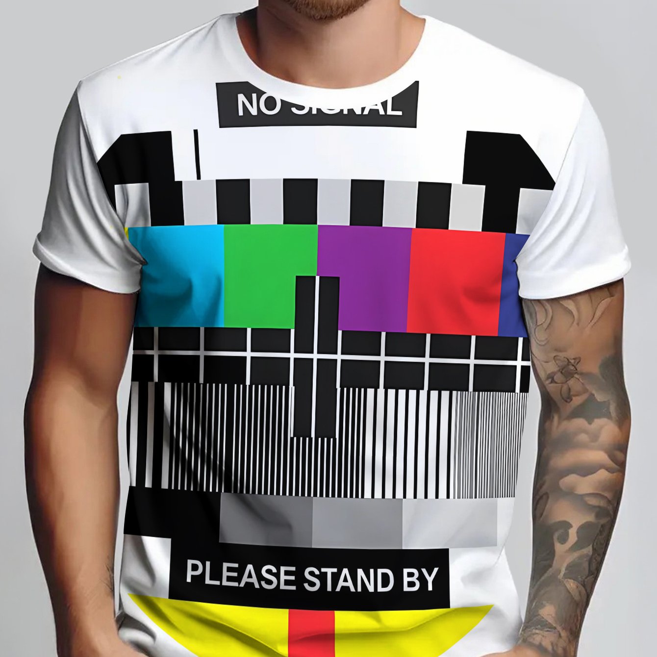 TEMU Men's Short-sleeve T-shirt - Flat Graphic Print - No Texture - Tv Test Pattern, - Crew Neck Top, Stylish And Versatile, Comfortable And