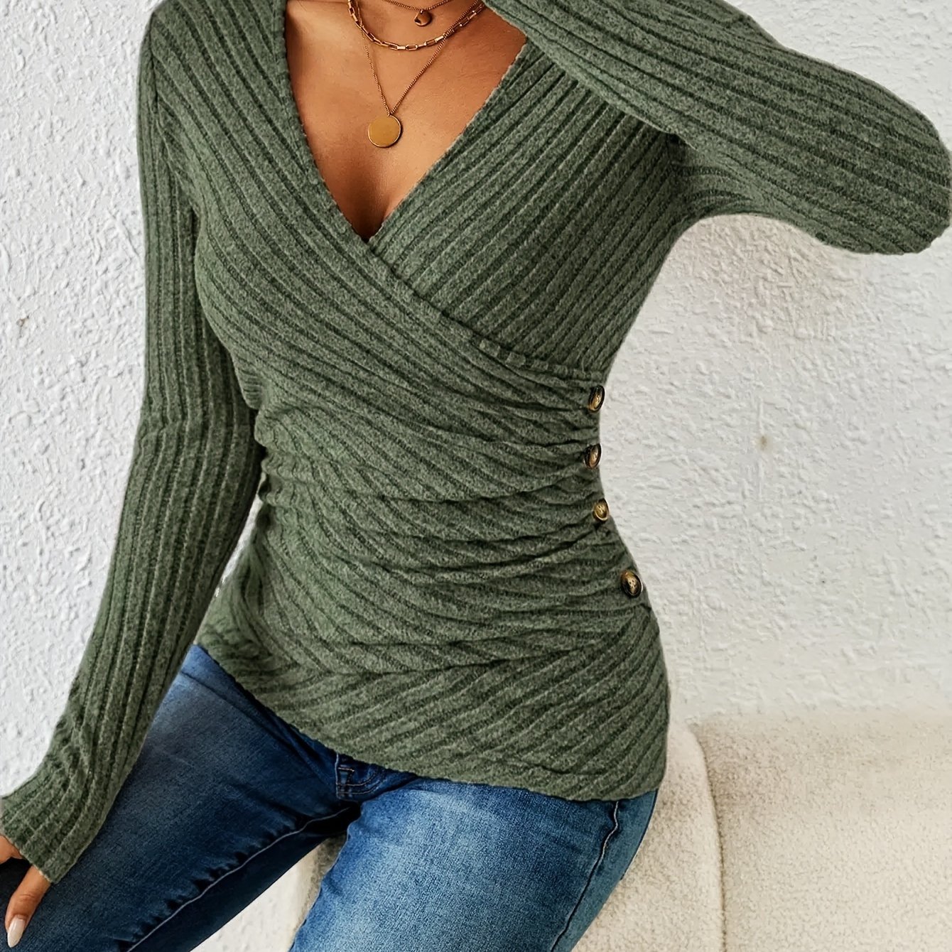 TEMU Women's Elegant V-neck Button-front T-shirt - Solid Color Long Sleeve Blouse, Medium--washable Top For Spring/autumn Layering, Casual &