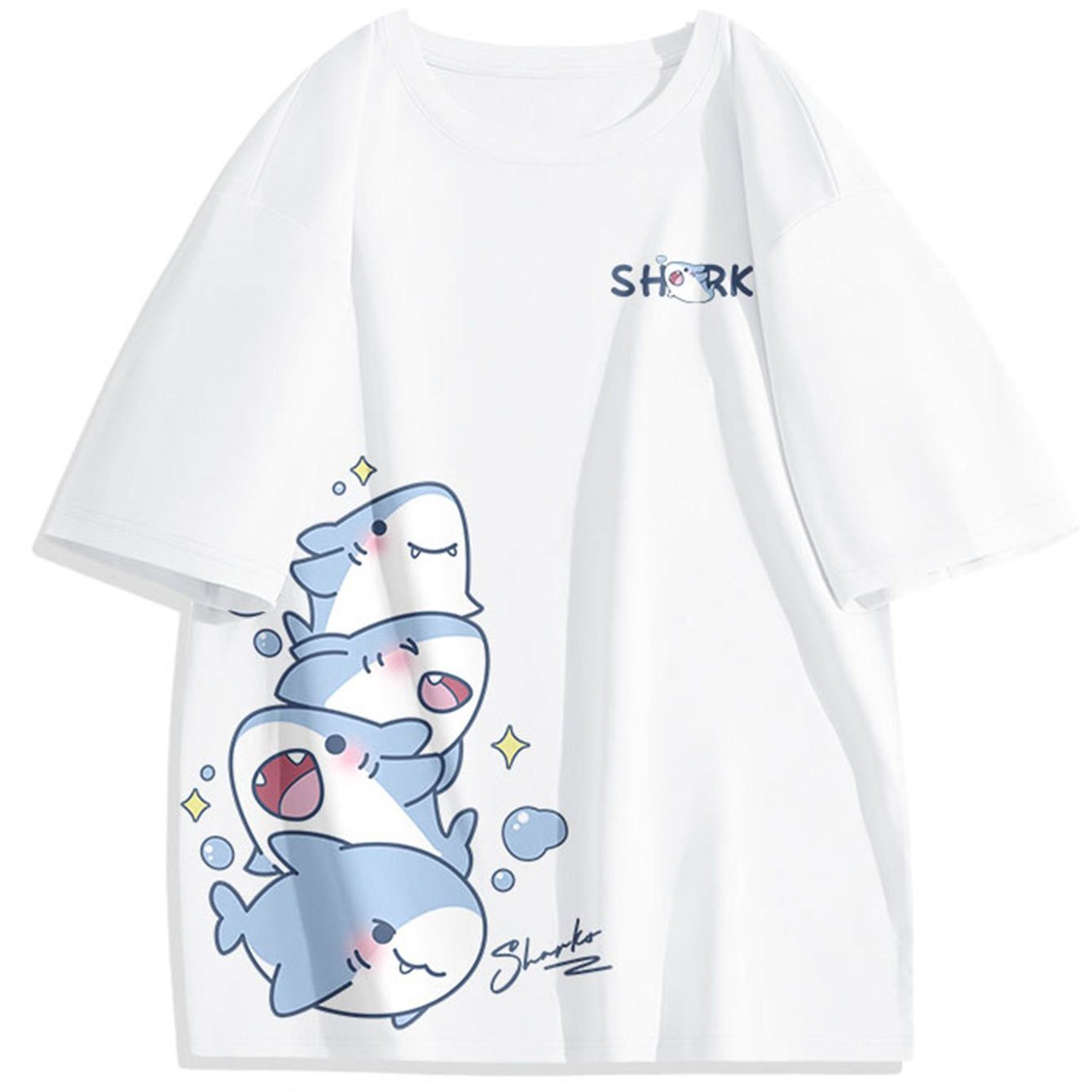 Image of Cartoon Shark Stacked Print Pure Cotton Short-sleeve T-shirt | Fun And Cute Design, Breathable & Skin-friendly Essential For