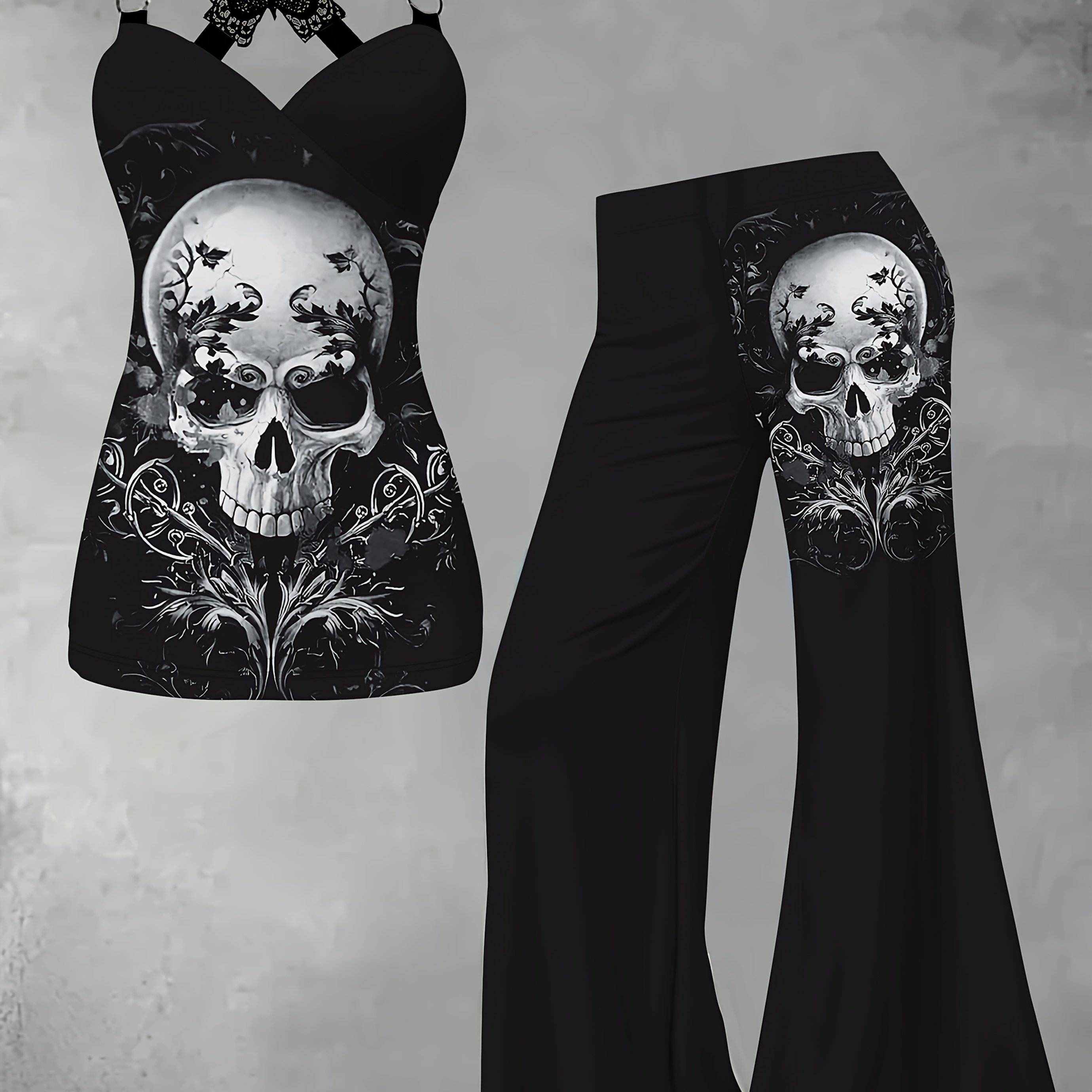 Women' Size Elegant Fashion Vacation Skull Pattern Embroidered Round Button Spliced Vest Top + Flared Pants