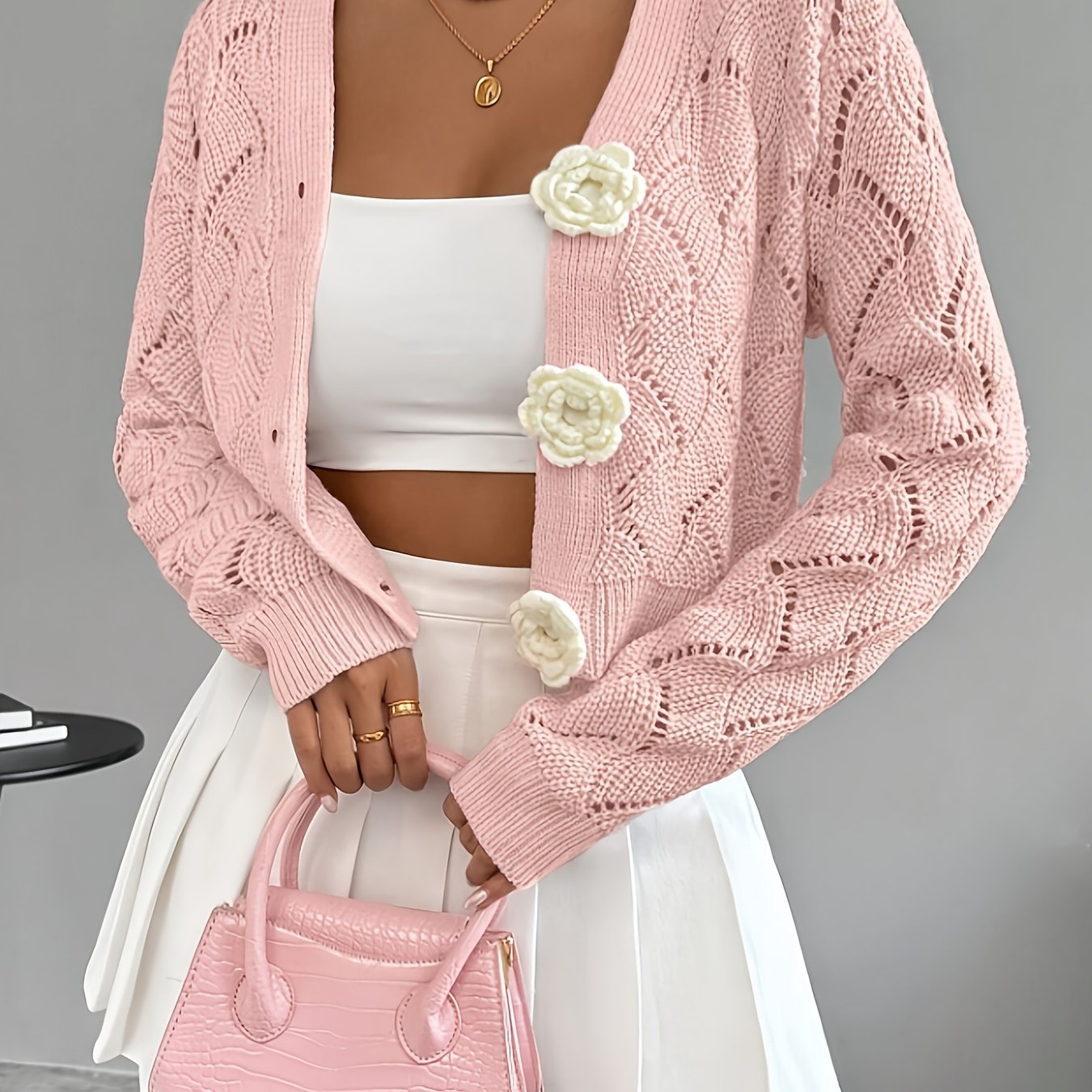 E-shop Frühling 2026 Frühling/Sommer Damen Handgefertigtes 3D-Blumenmuster Western Mode Elegante Solide Spitze Häkel-Cardigan Top Jacke Damen, Geeignet