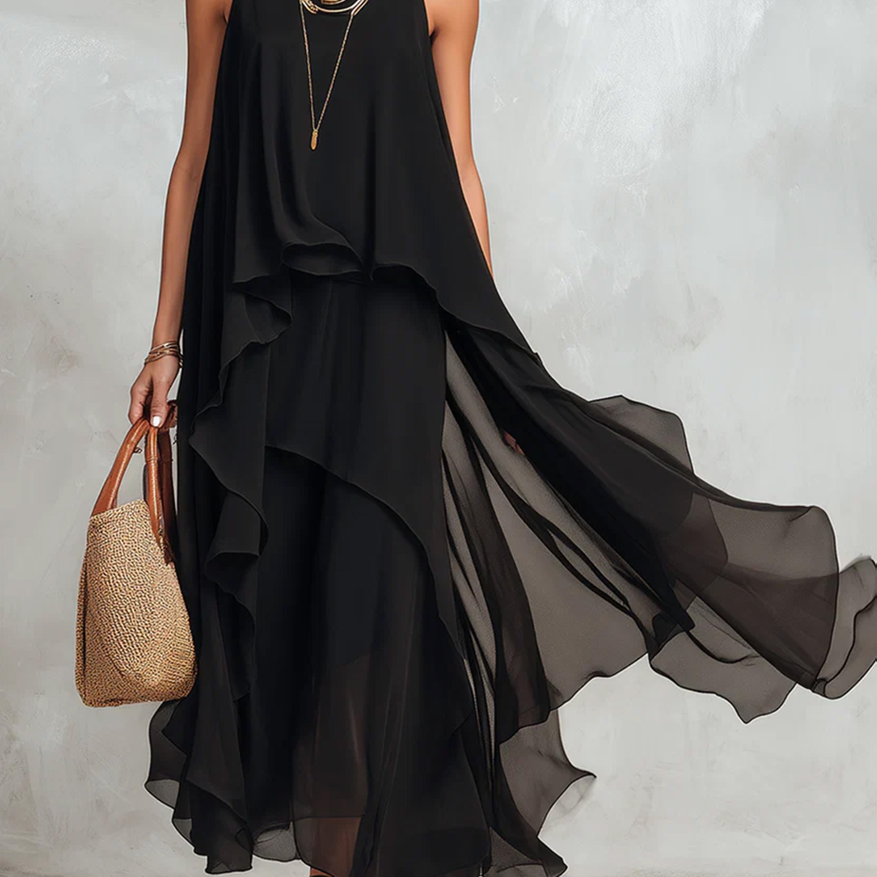 TEMU Women's Elegant Chiffon Maxi Dress - Sleeveless Asymmetrical Beach Dress With -line Silhouette, Loose Fit Round Neck -length Dress Suitable For