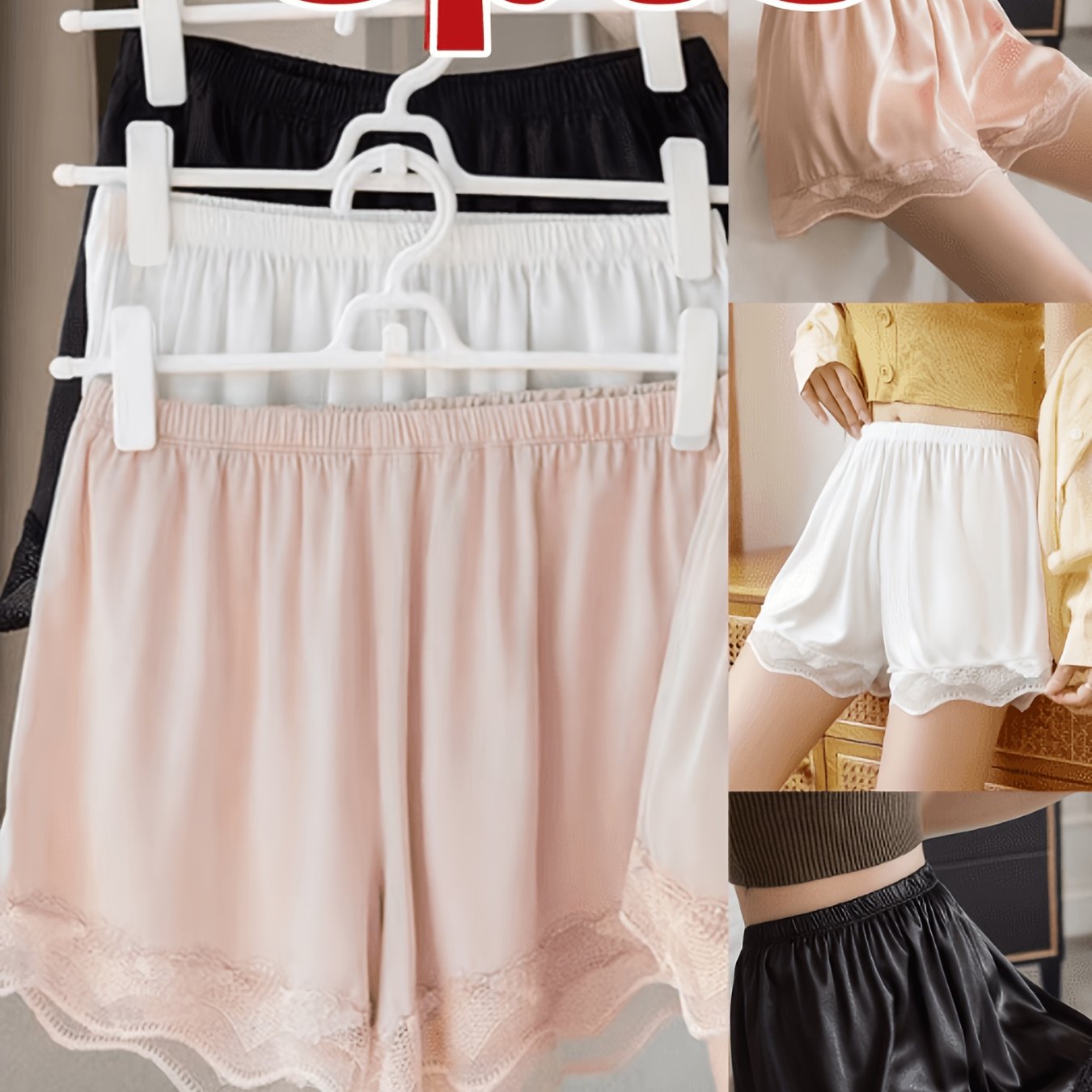 TEMU 3pcs Set Multicolored Women's Safety Pants Loose Leggings 2026 New Shorts Sleepwear Loose Lace Ruffles Anti-slip Safety Pants