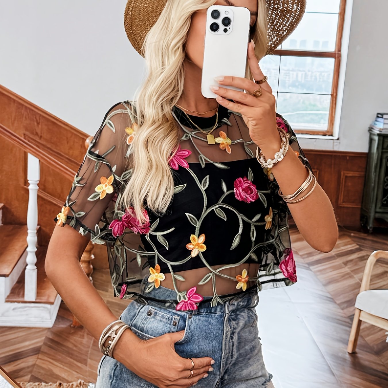 Image of Women's Black Sheer Mesh Top With Colorful Floral Embroidery - Elegant Short Sleeve Cropped Shirt For Spring Summer Fall, Breathable Layering Piece For Casual Or Dressy Outfits, Intricate Embroidery