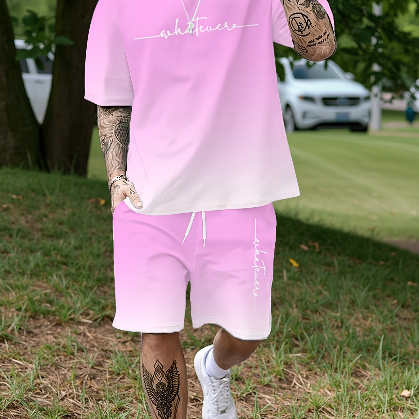 TEMU Men's Pink And White Gradient Casual 2pcs Set, "whatever" Letter Print T-shirt And Shorts, Street Style Summer Outfit, Plus Size