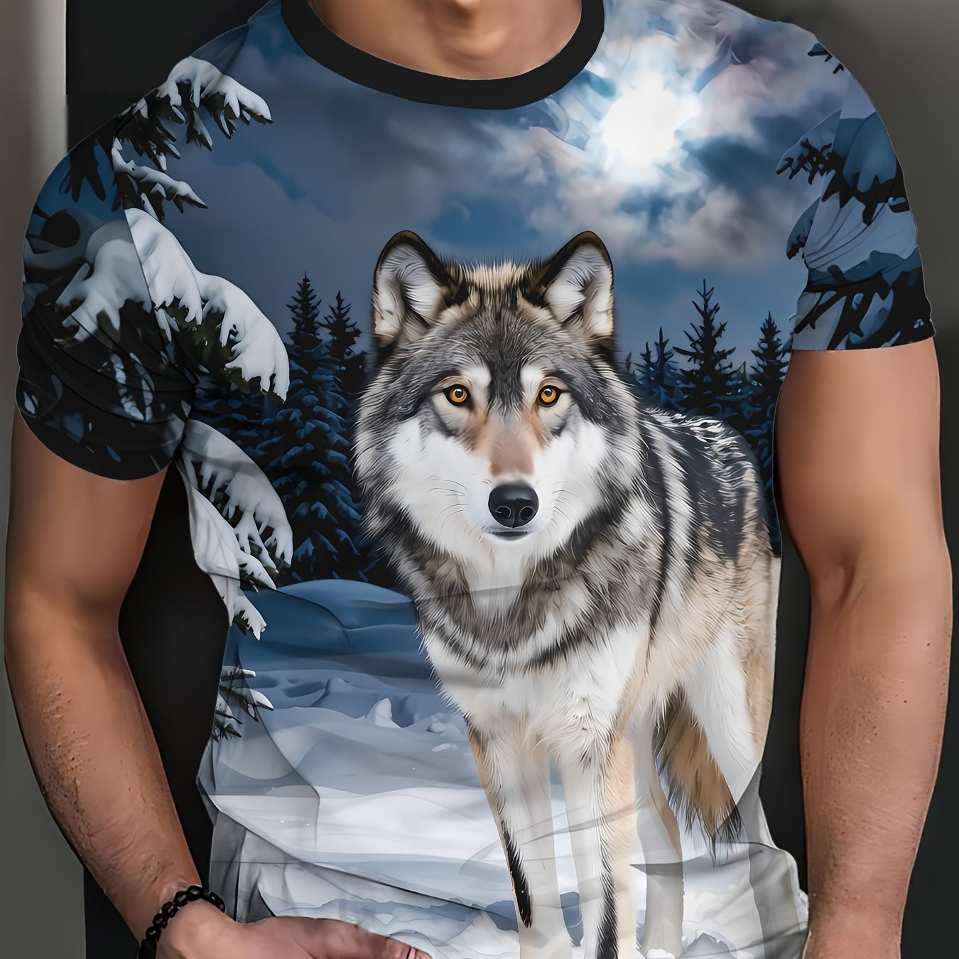 TEMU Men's Novelty Fashion Round Neck T-shirt, Short Sleeve Top, High Quality , Image Of A Wolf In A , Knit Fabric Breathable Soft Comfortable,