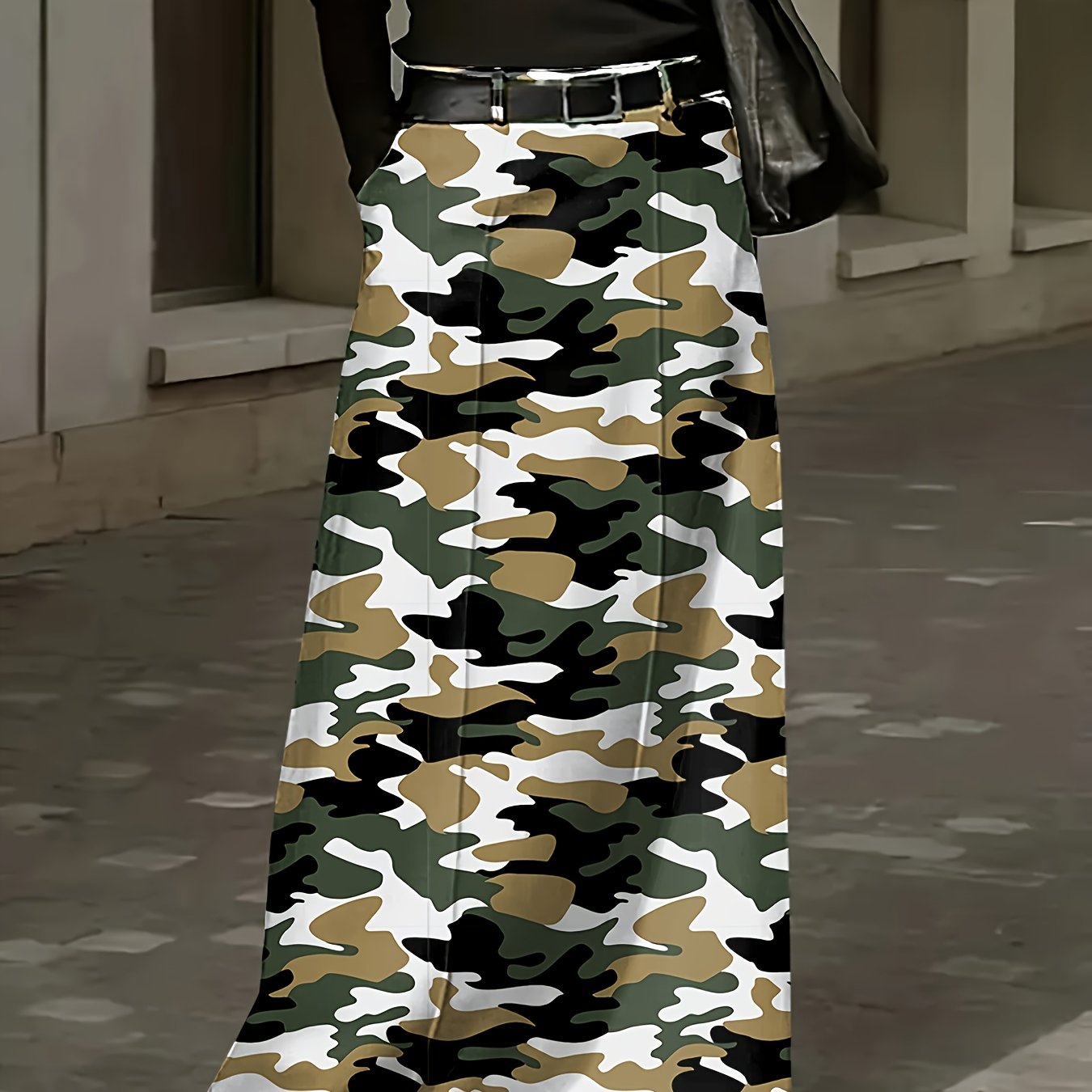 TEMU Women's Plus Size Elegant A-line Camo Print Midi Skirt - Camouflage Pattern, Non-stretch Polyester Fabric With Pockets & Zipper Closure,