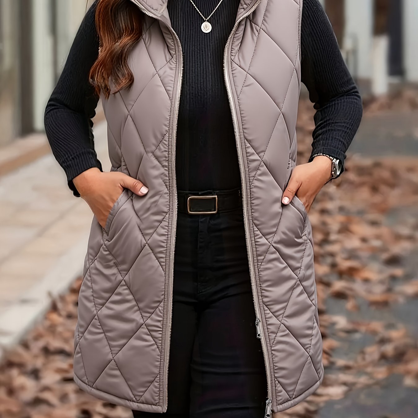 E-shop Weste in Übergröße, Herbst/Winter, mit Rautensteppung für Damen in Übergröße – Mittellange, warme, ärmellose Oberbekleidung mit Stehkragen –