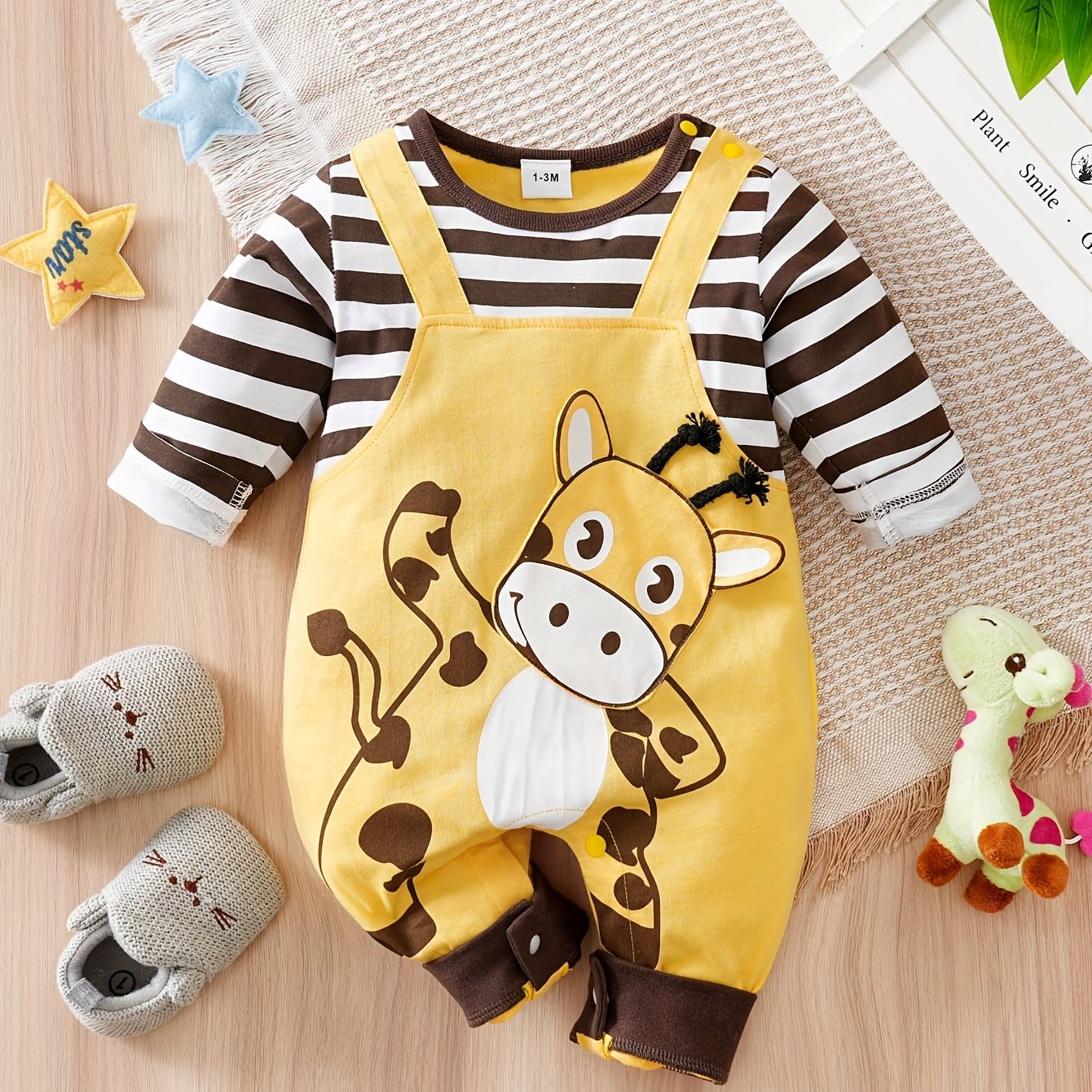 Image of Cotton Striped With Suspenders, Three-dimensional Design, Spring/autumn Long-sleeved Unisex Baby Romper, Perfect For Outdoor