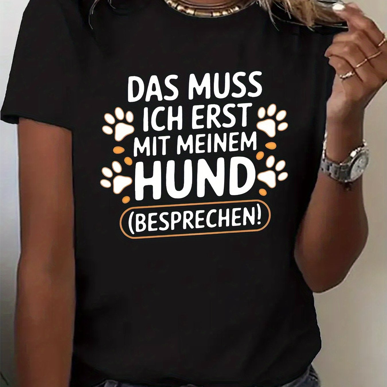 Image of Plus Size - Women's Round Neck T-shirt With German Text And Dog Prints
