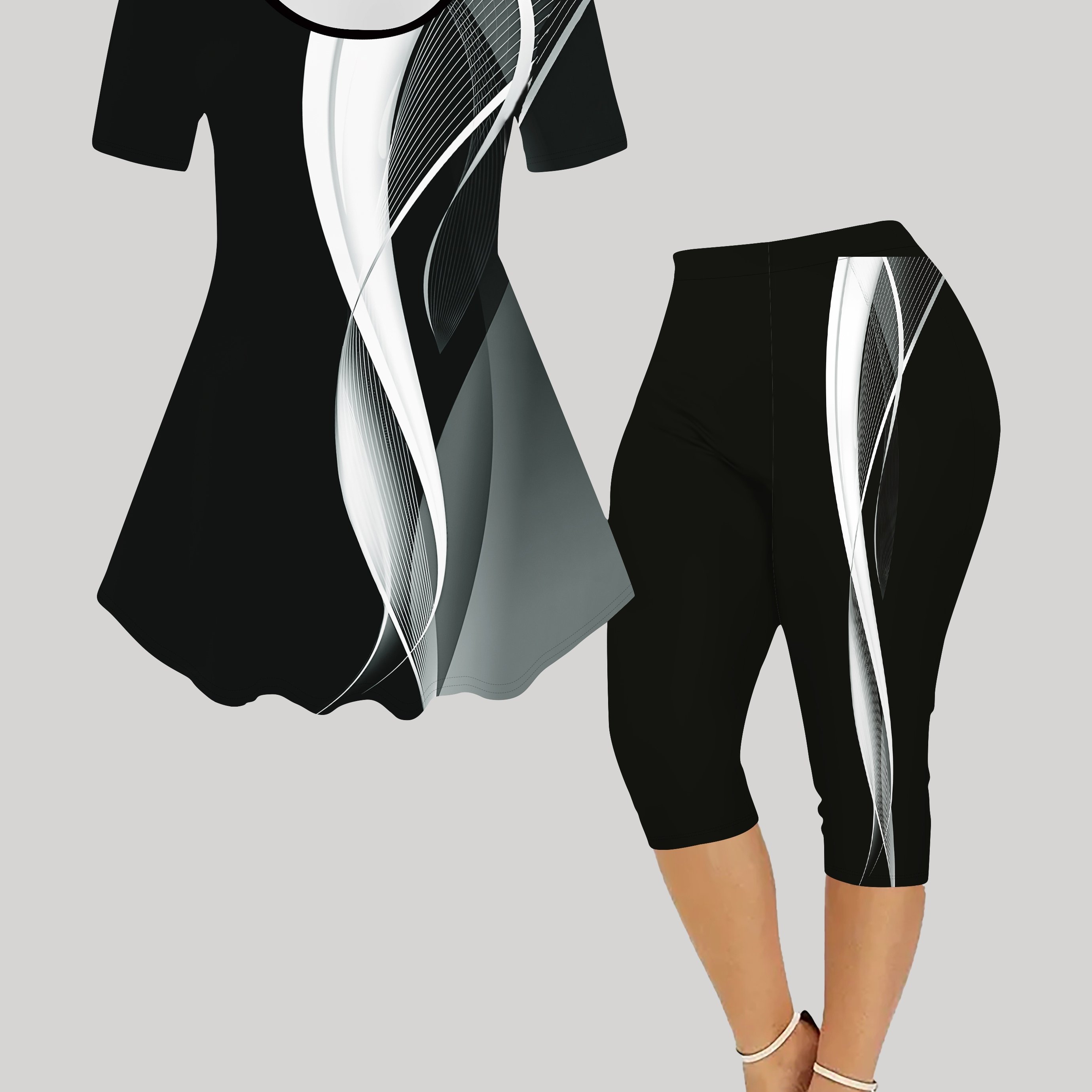 TEMU Women's Chic 3d Print Striped Two-piece Set - Short Sleeve & Capri Pants, Stretchy Polyester , Machine Washable