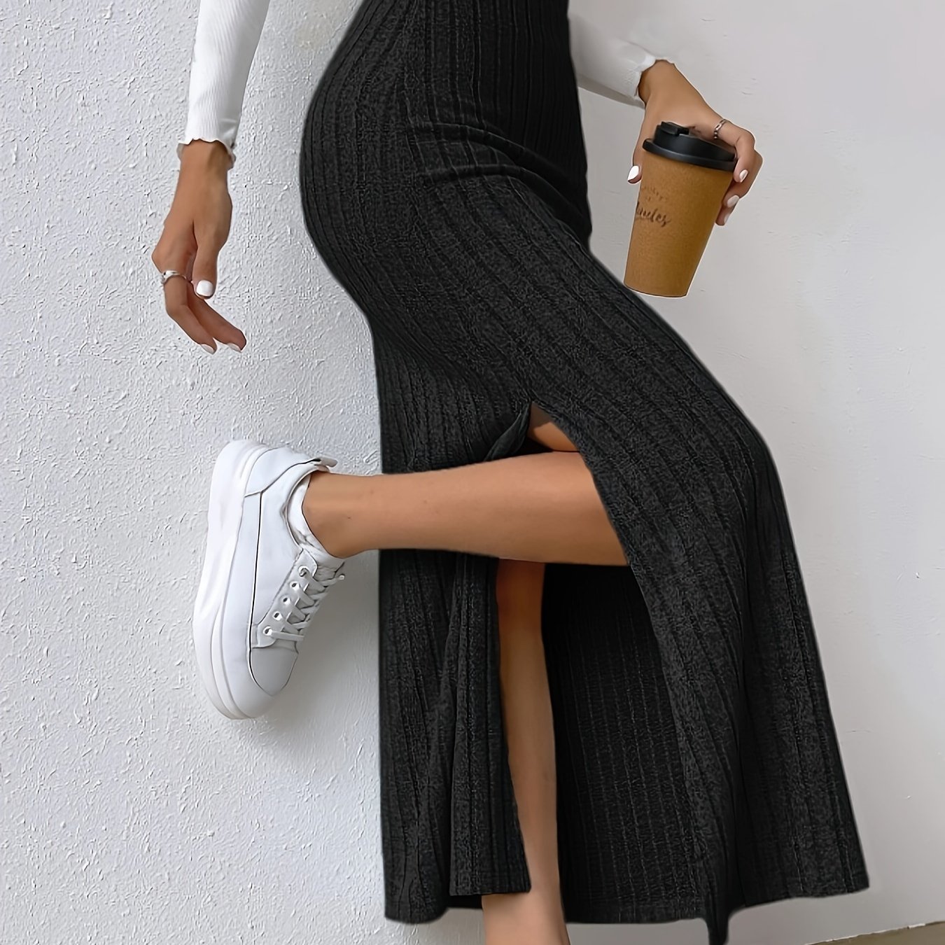 Solid Color Letter Patch High-waisted Slit Casual Long Dress