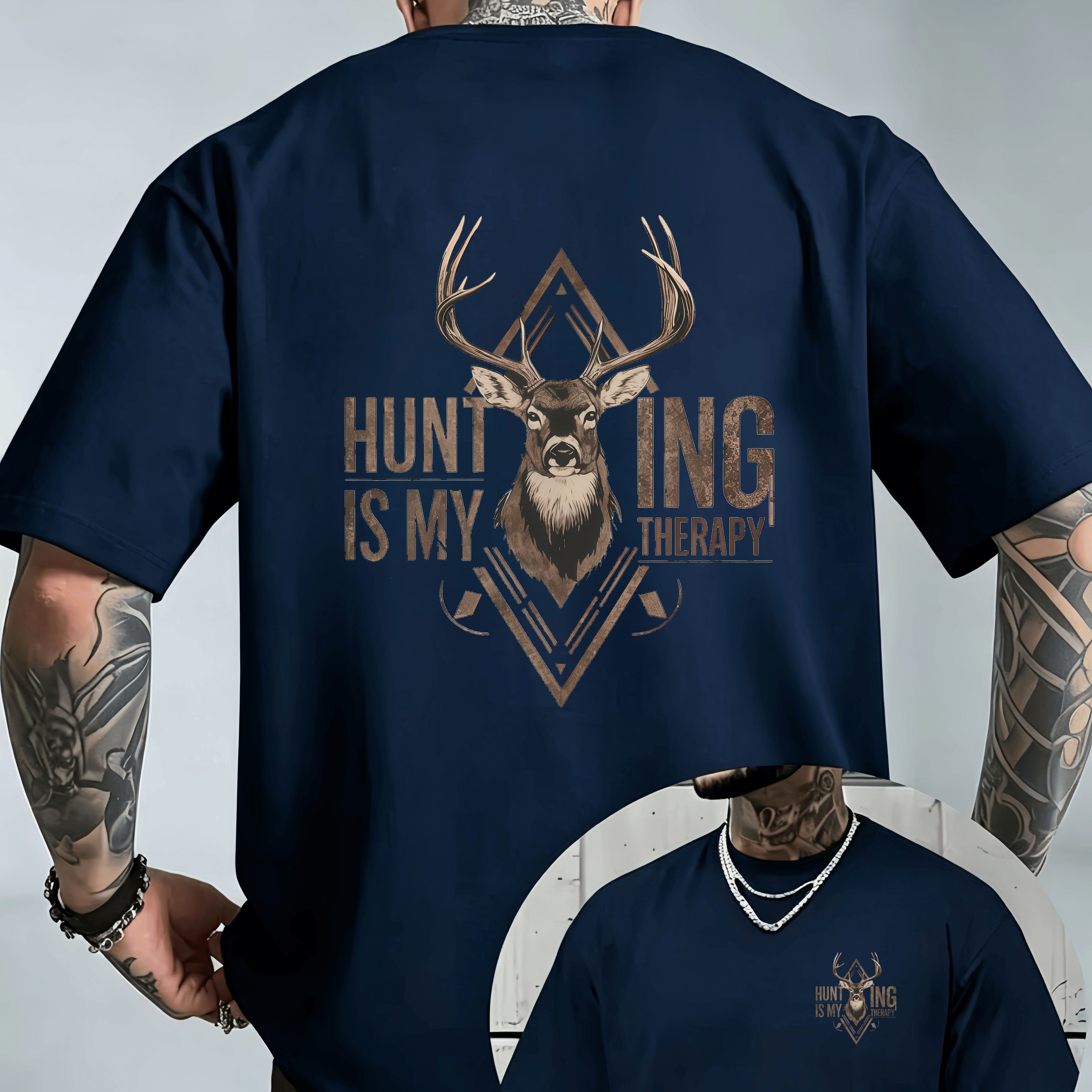 TEMU Men'-print Stag Head Short Sleeve T-shirt Summer New Style, Retro Hunting Style Hunting Letter Diamond Print, Regular Round Neck Short Sleeve,