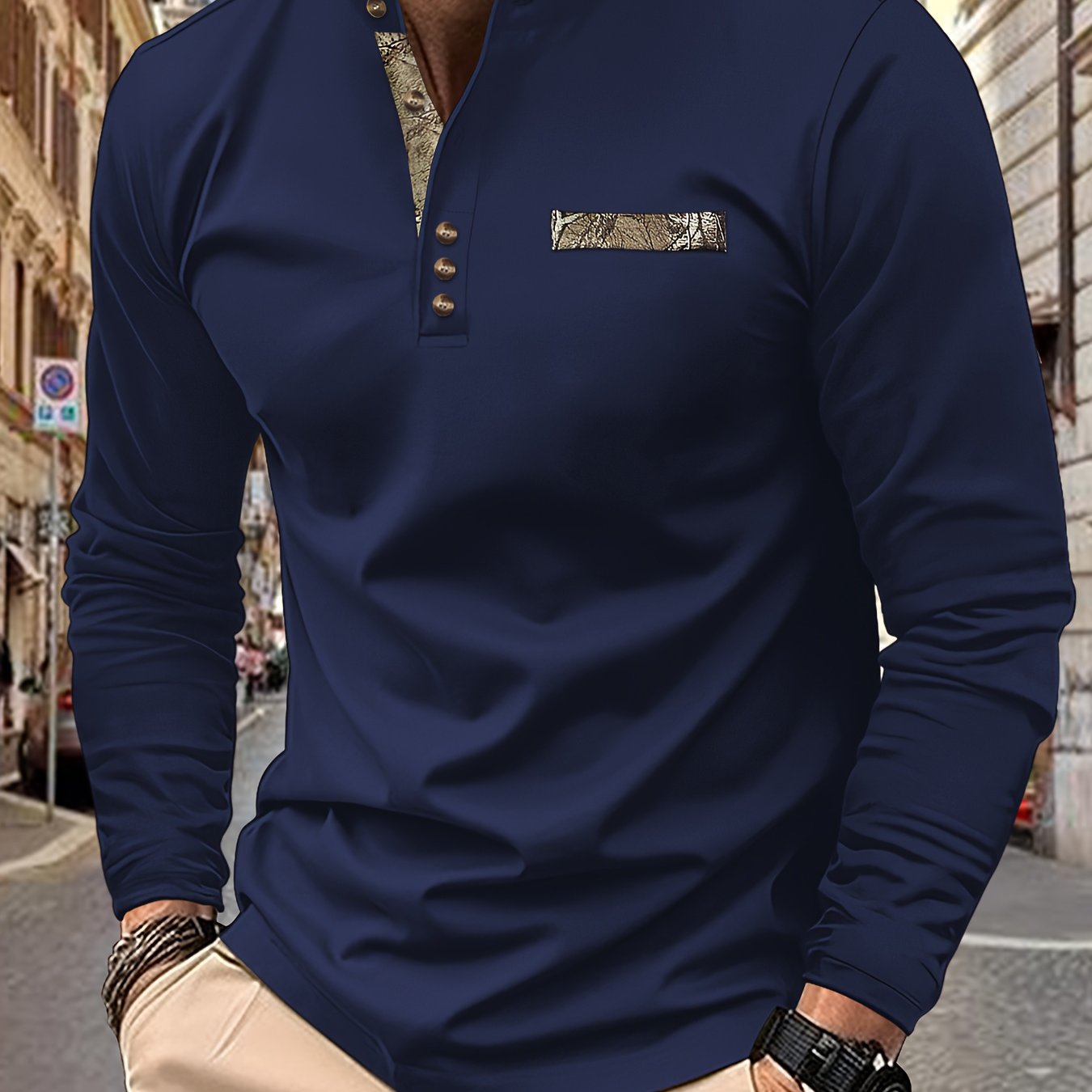 TEMU Men's Casual Small Stand Up Collar Creative Collar Pattern Contrasting Color T-shirt, Breathable And Comfortable Long Sleeved Shirt, The For