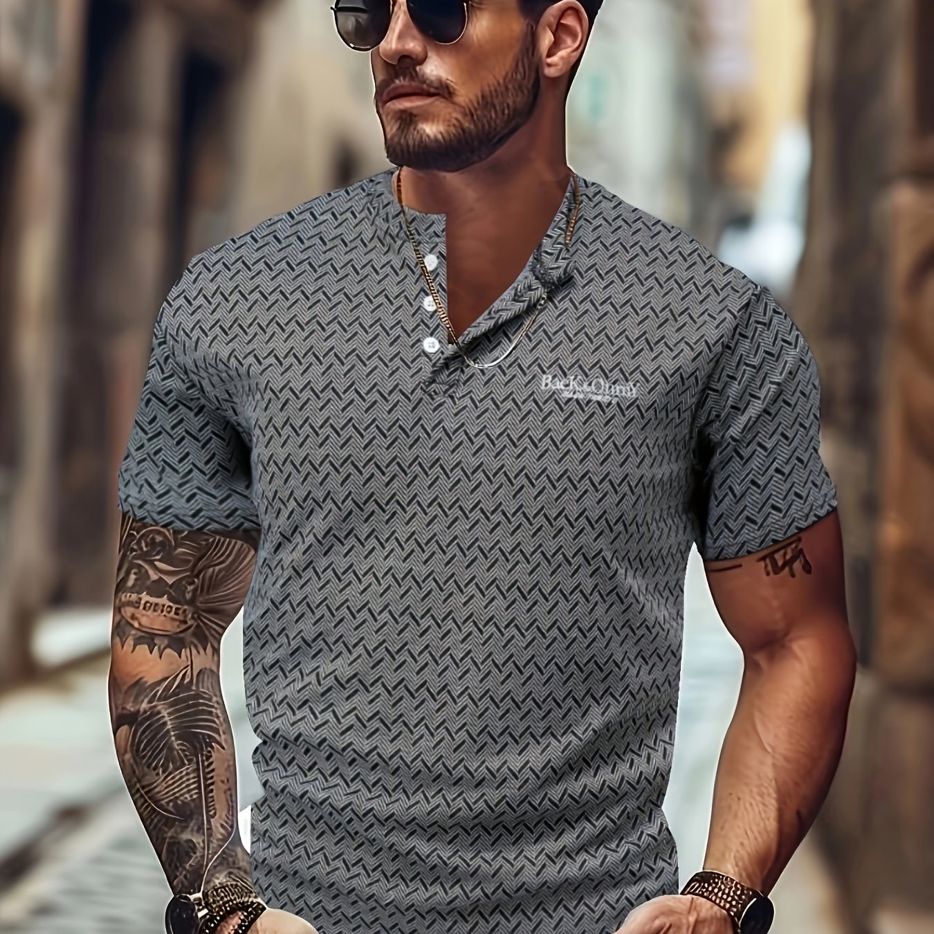 Image of Summer Letter Henley Style Short Sleeve T-shirt Men's Trendy Fashion Casual Men's Short Sleeve Top