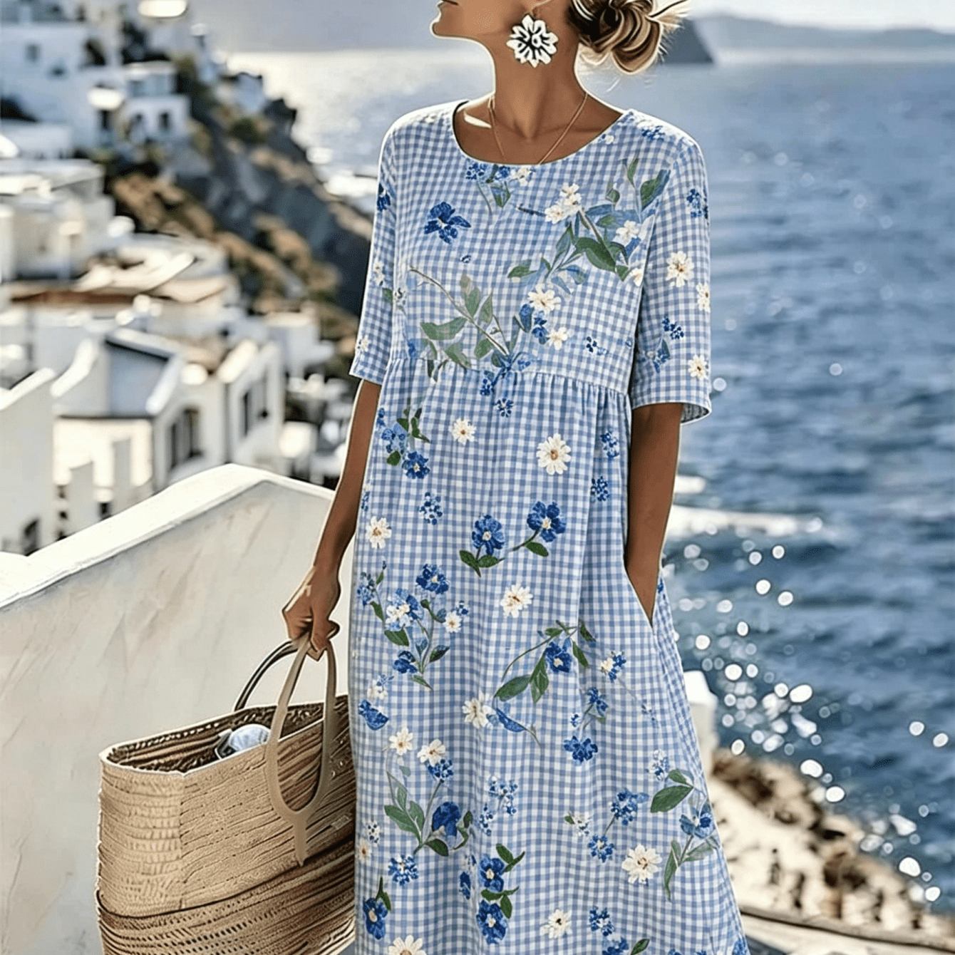 Image of Women's Summer New Half-sleeve Dress, Gingham Floral Print, Round Neck Waist A-line Skirt, Loose Casual Vacation Long Dress