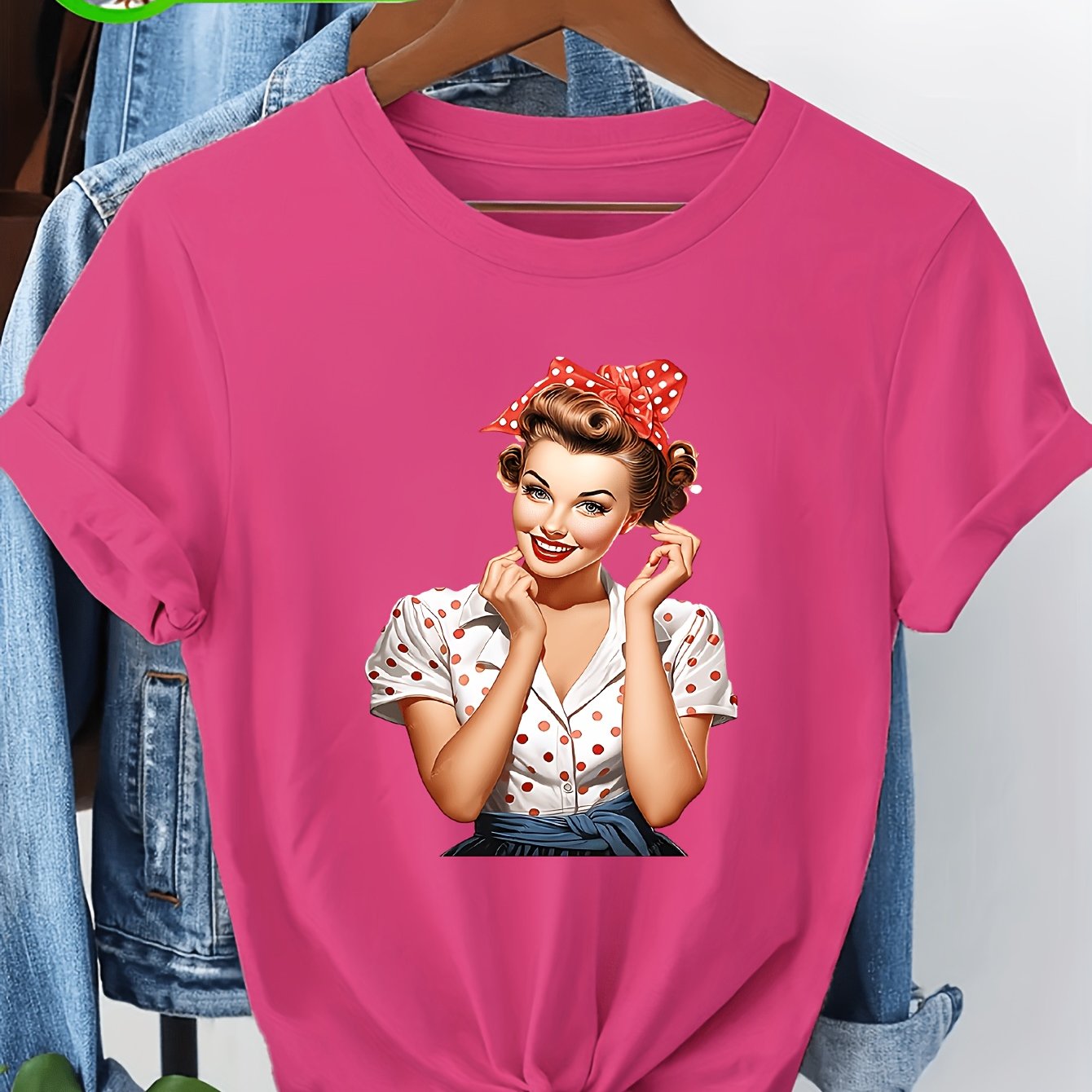 TEMU Women's Casual T-shirt, Retro Polka Dot Pattern Short Sleeve Top, Loose Summer -shirt