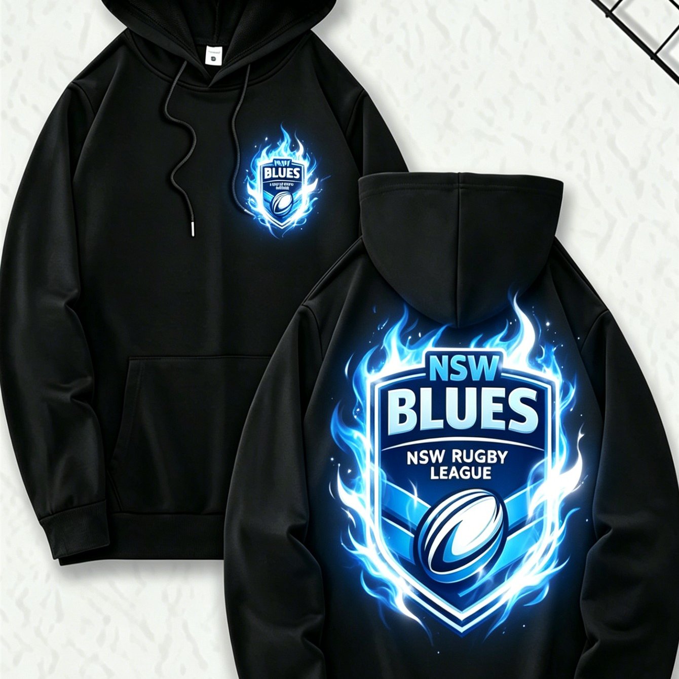 TEMU 2026 Plus Size Fashion Unisex Hoodie, Blue Flame Effect Shield Print Pullover, Casual Athletic Trend Streetwear, 1xl-5xl Oversized Soft