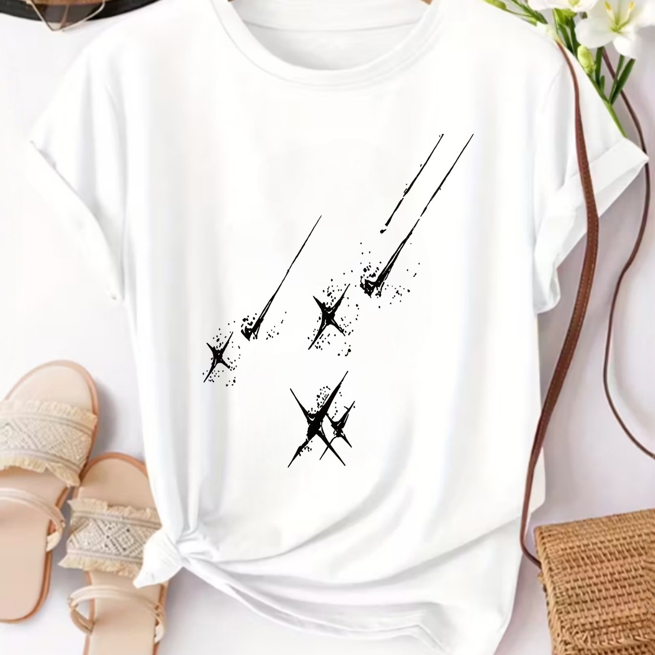 TEMU Shooting Star Pattern Print, Women's Round Neck Short Sleeve Casual Athletic T-shirt, Summer Beach Vacation, Daily Wear And Travel Essential