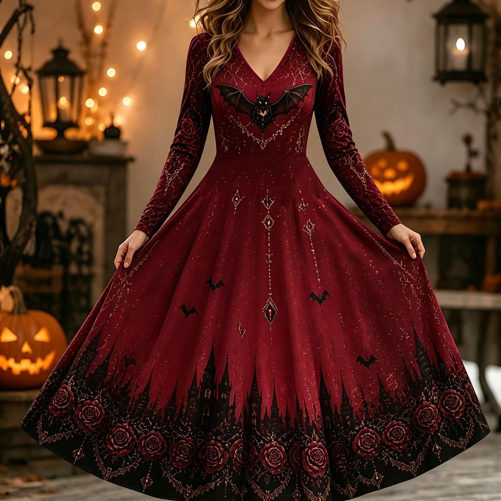 TEMU [printed Design Not Textured] Halloween Autumn Women's Burgundy Print Long Sleeve V-neck Waist-cinching Hem Long Dress, Gothic Style