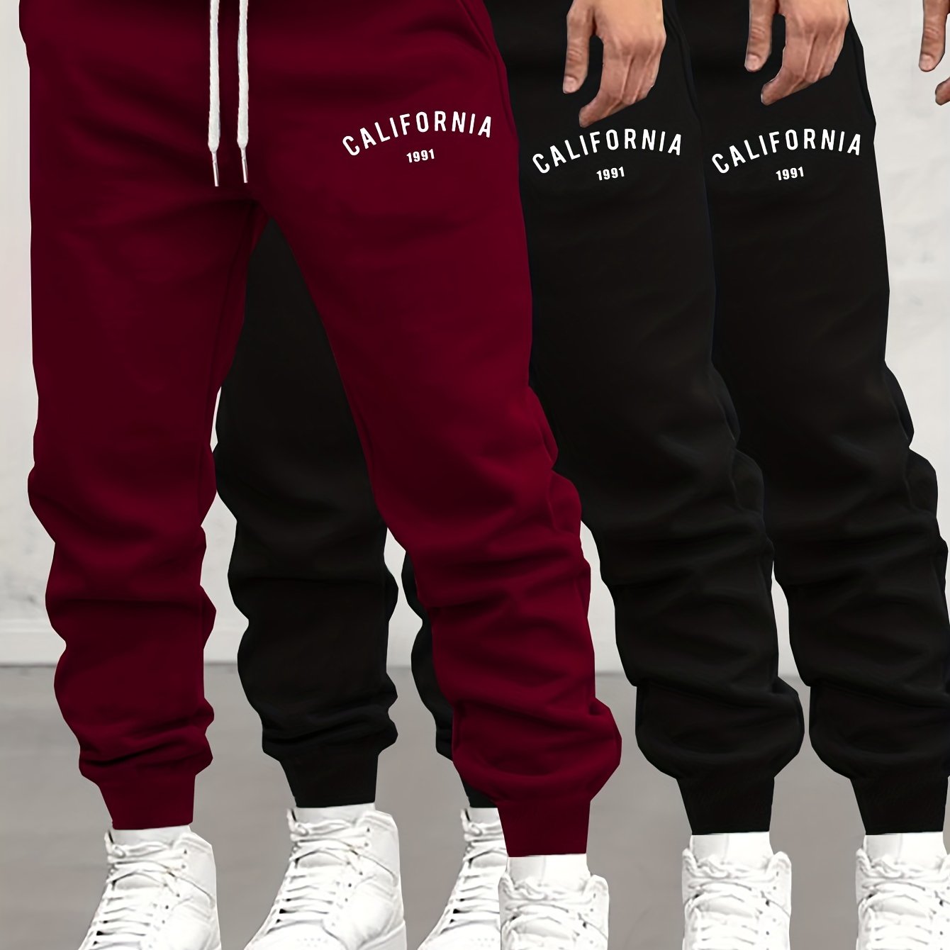 TEMU California Print 3pcs Men's Casual Jogger Sweatpants, Soft Autumn Winter Athletic Track Pants, Comfortable Outdoor Cuffed Drawstring Pants For